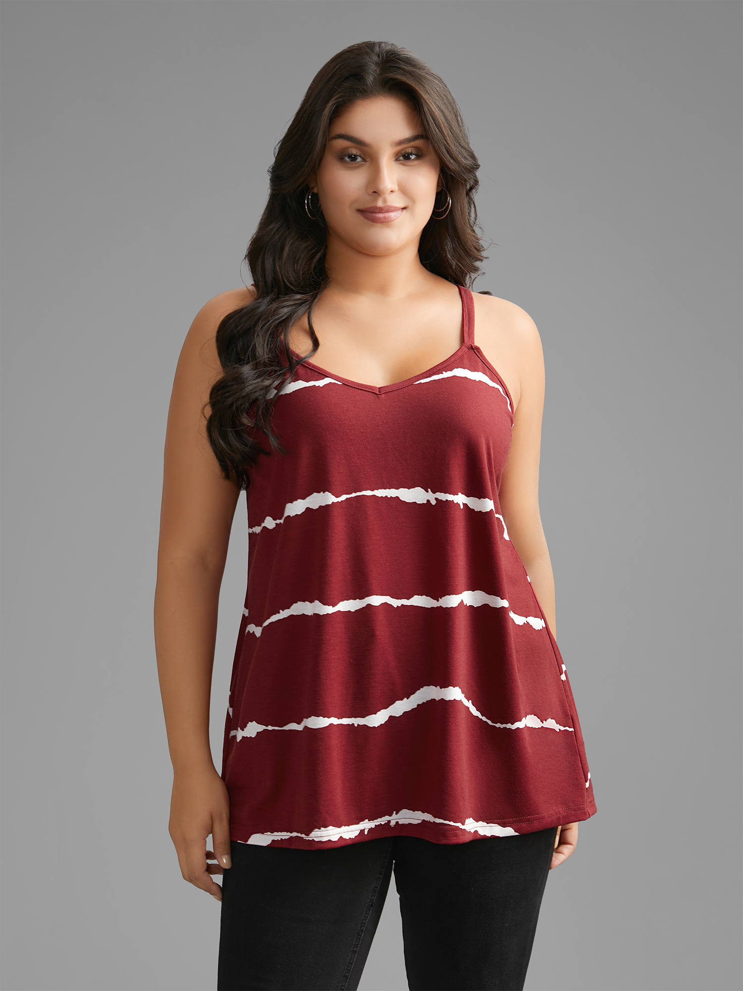 

Plus Size Contrast Striped V Neck Cami Top Women Burgundy Casual Contrast V-neck Everyday Tank Tops Camis BloomChic