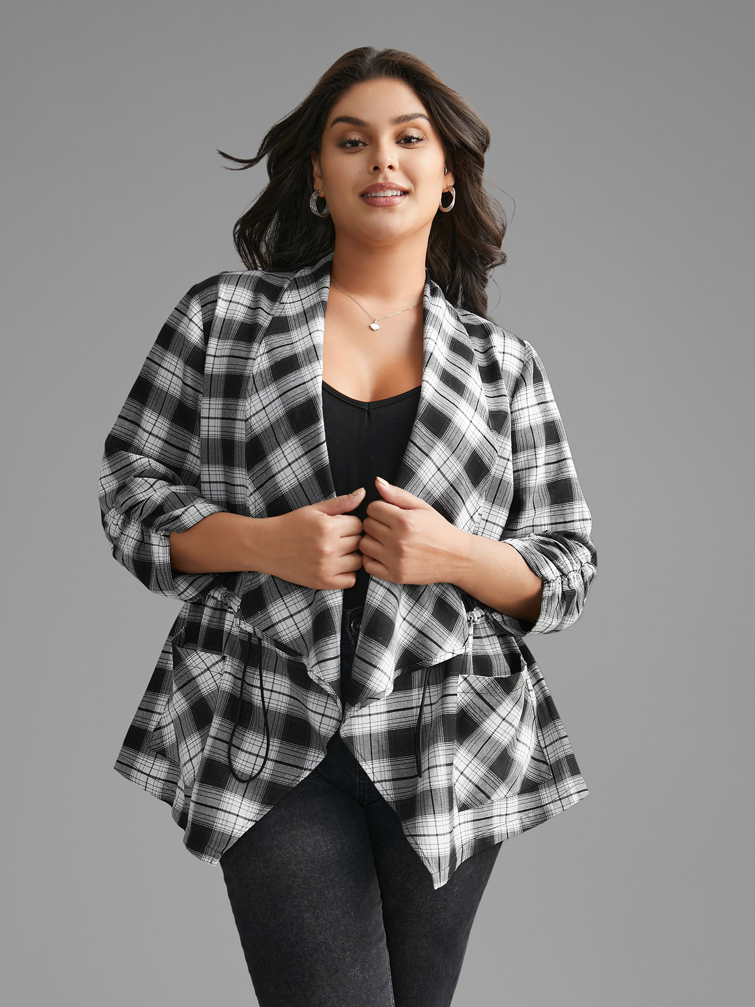 

Plus Size Plaid Drawstring Patched Pocket Coat Women Black Elegant Drawstring Ladies Everyday Winter Coats BloomChic