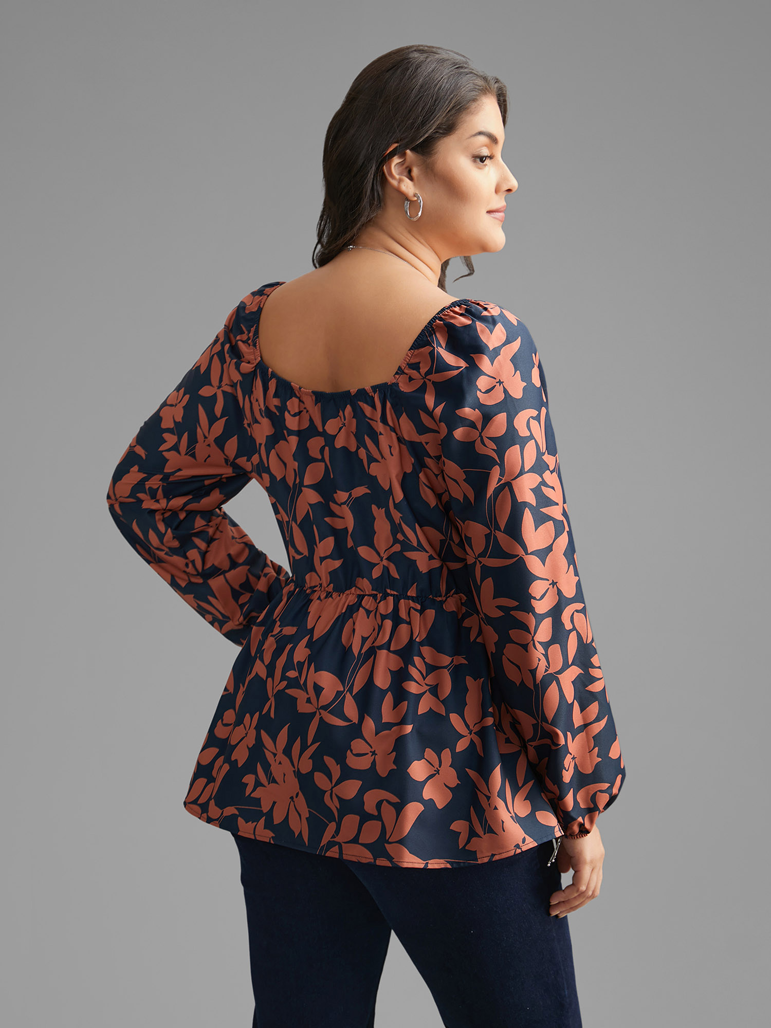 

Plus Size Indigo Notched Silhouette Floral Print Lantern Sleeve Blouse Women Elegant Long Sleeve Notched collar Everyday Blouses BloomChic