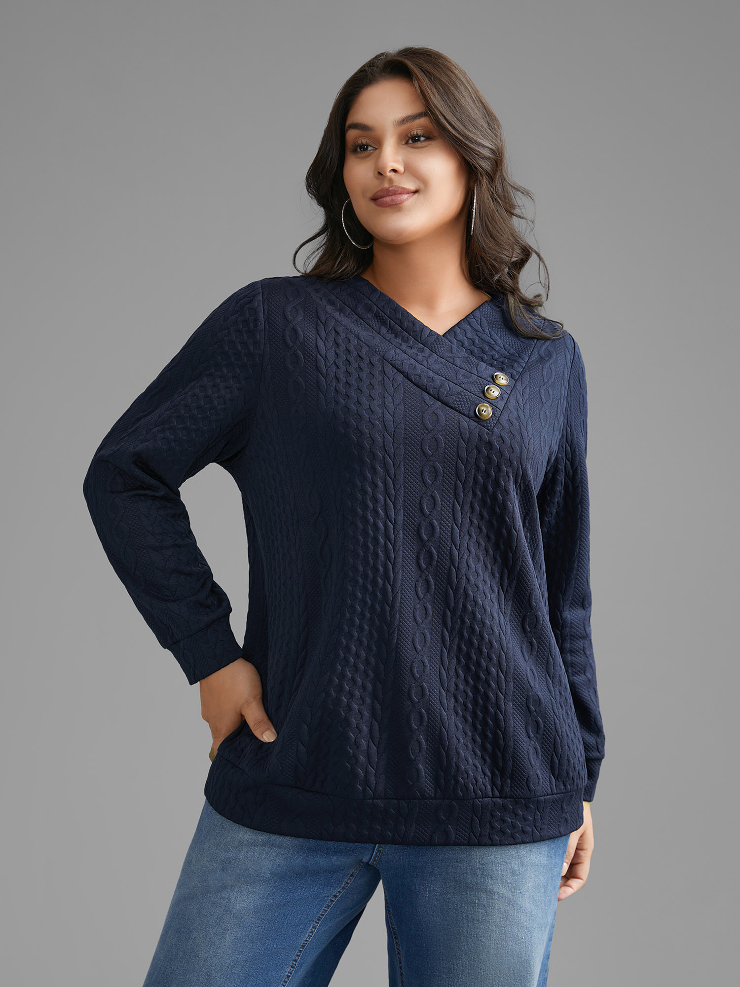 

Plus Size Overlap Collar Textured Button Detail Sweatshirt Women Indigo Casual Texture Overlap Collar Everyday Sweatshirts BloomChic