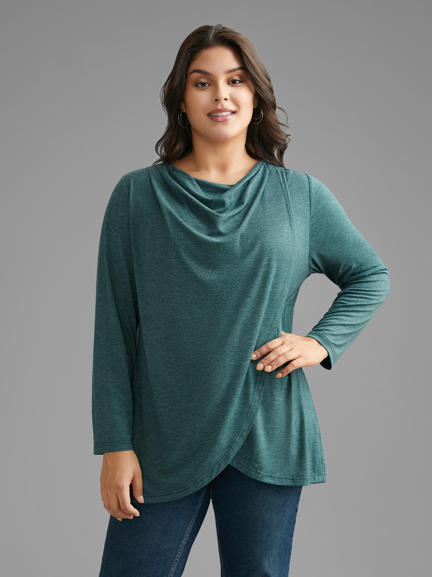 

Plus Size Cowl Neck Plain Wrap Hem T-shirt Cyan Women Casual Overlapping Cowl Neck Everyday T-shirts BloomChic