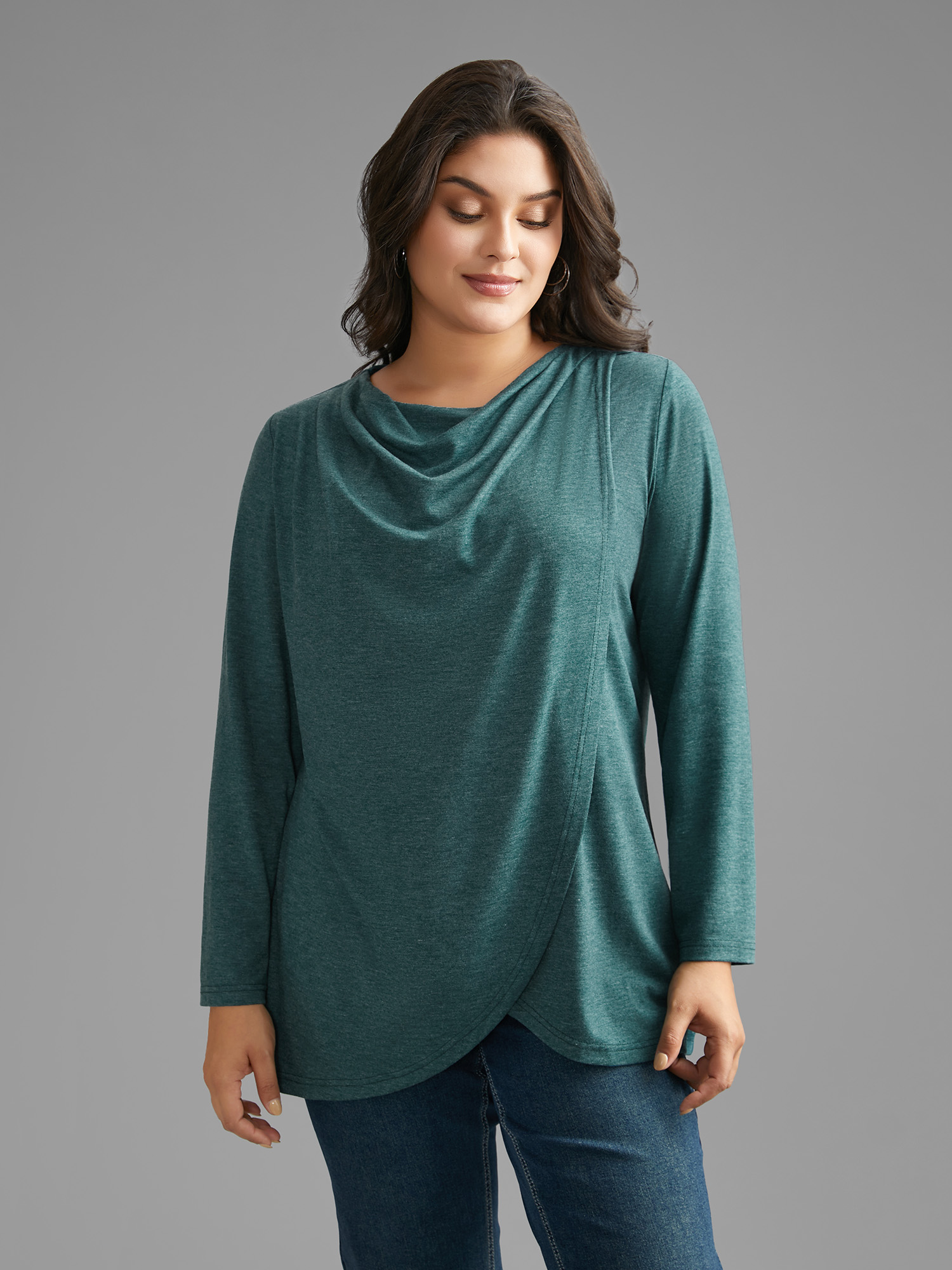 

Plus Size Cowl Neck Plain Wrap Hem T-shirt Cyan Women Casual Overlapping Cowl Neck Everyday T-shirts BloomChic