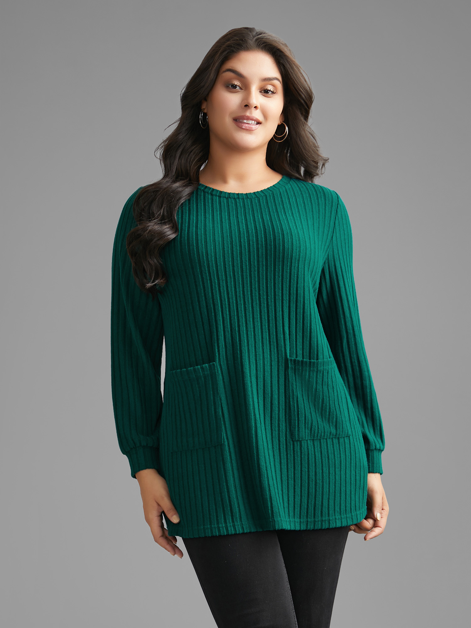 

Plus Size Plain Rib Knit Patched Pocket T-shirt Emerald Women Casual Texture Round Neck Everyday T-shirts BloomChic