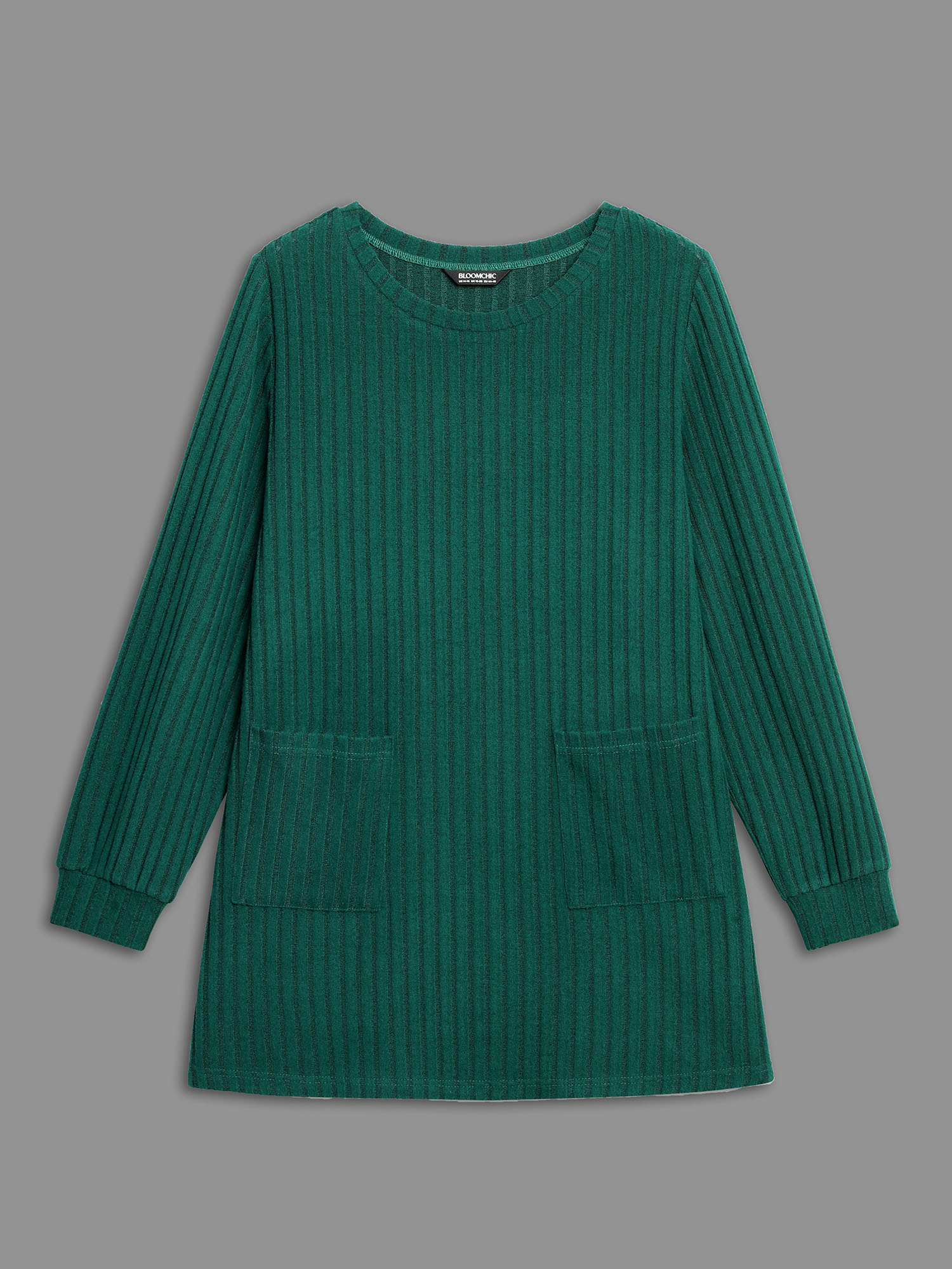 

Plus Size Plain Rib Knit Patched Pocket T-shirt Emerald Women Casual Texture Round Neck Everyday T-shirts BloomChic