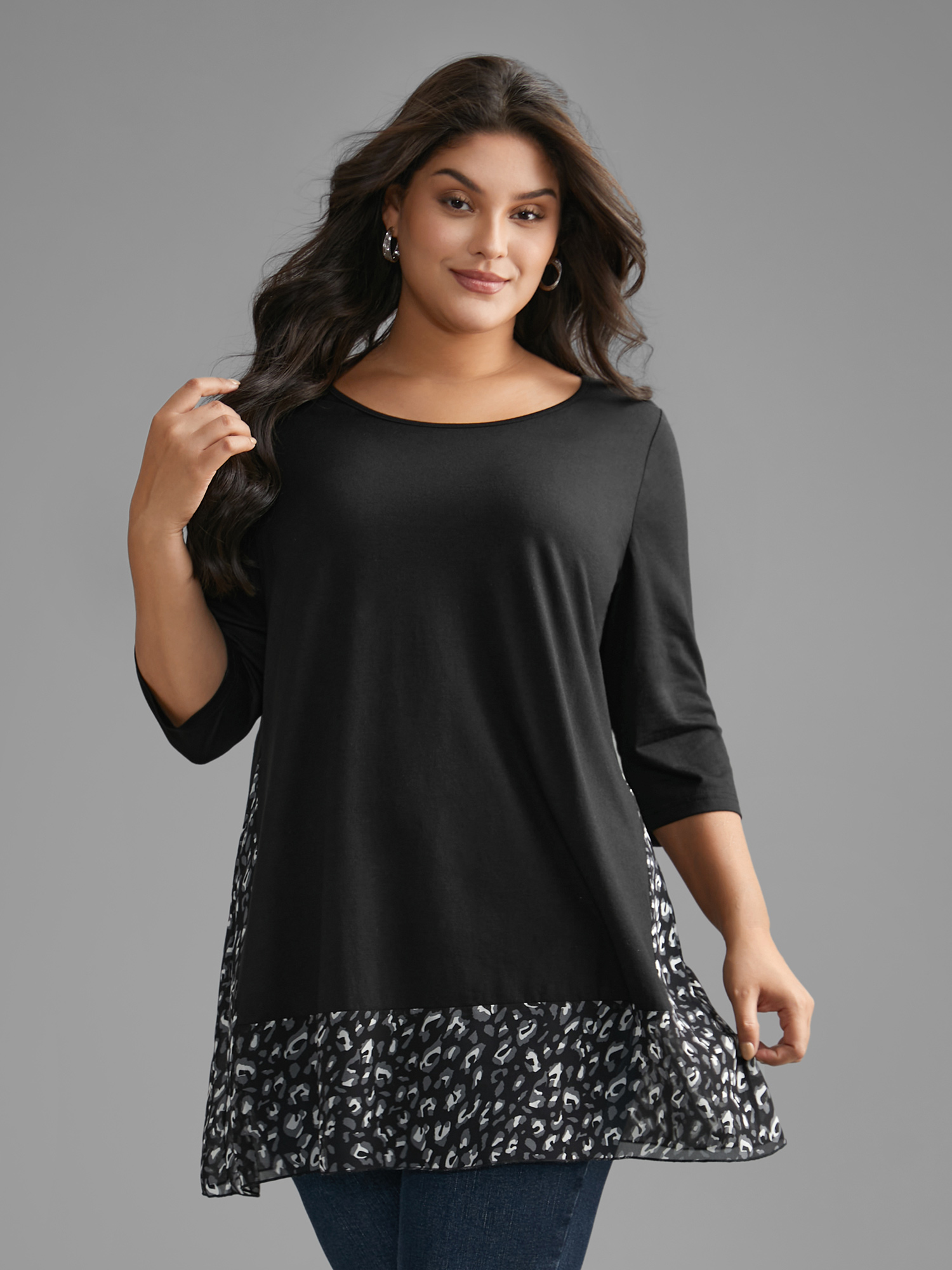 

Plus Size Crew Neck Leopard Print Patchwork T-shirt Black Women Elegant Patchwork Round Neck Everyday T-shirts BloomChic