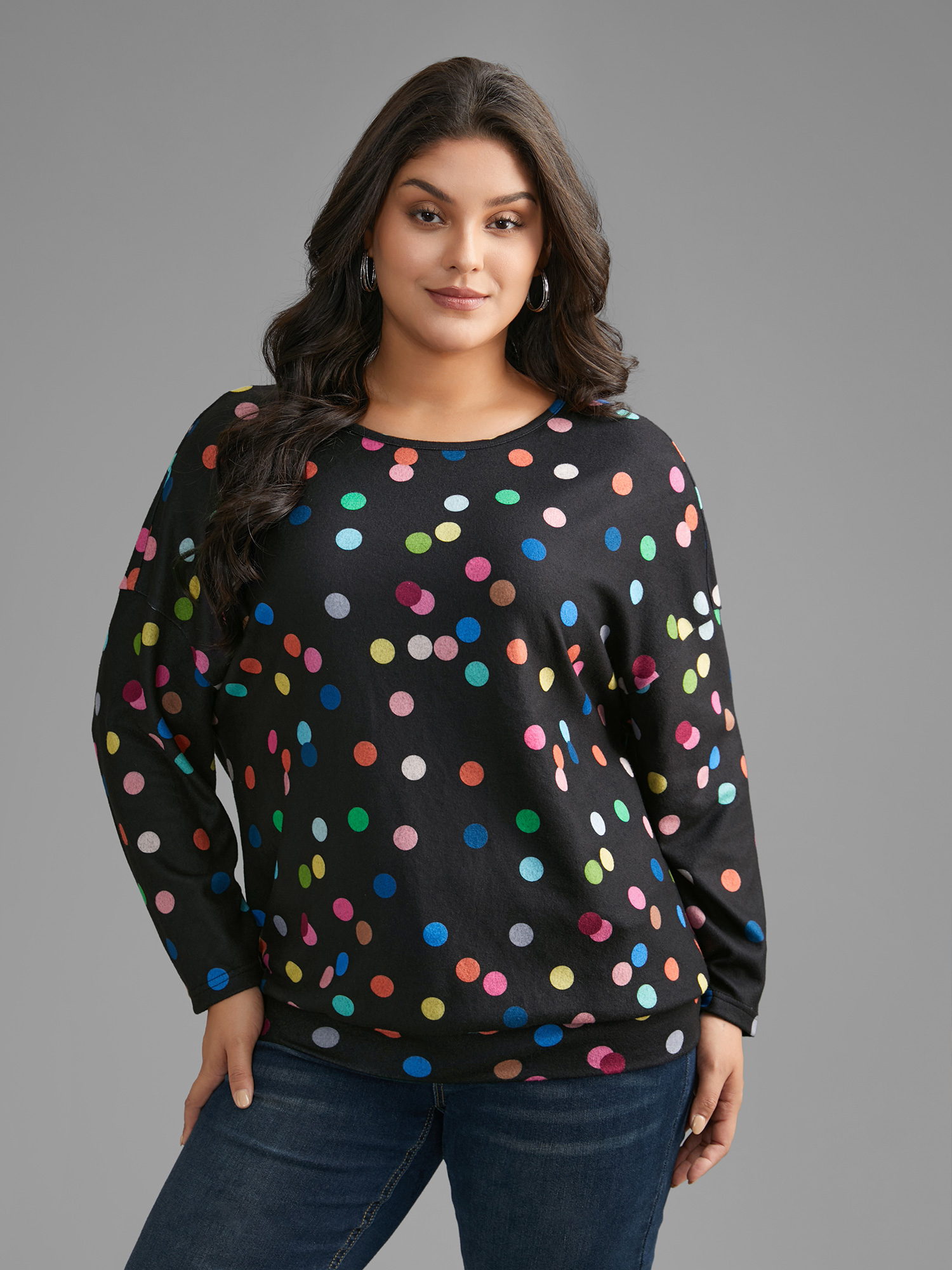 

Plus Size Color Polka Dot Drop Shoulder T-shirt Black Women Casual Contrast Round Neck Everyday T-shirts BloomChic