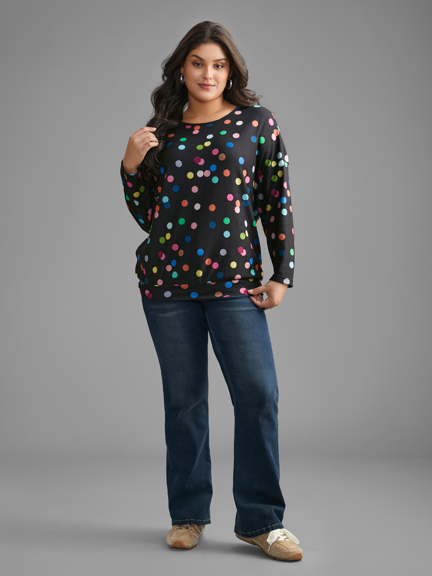 Plus Size Color Polka Dot Drop Shoulder T-shirt Black Women Casual Contrast Round Neck Everyday T-shirts BloomChic 14-16/1X 