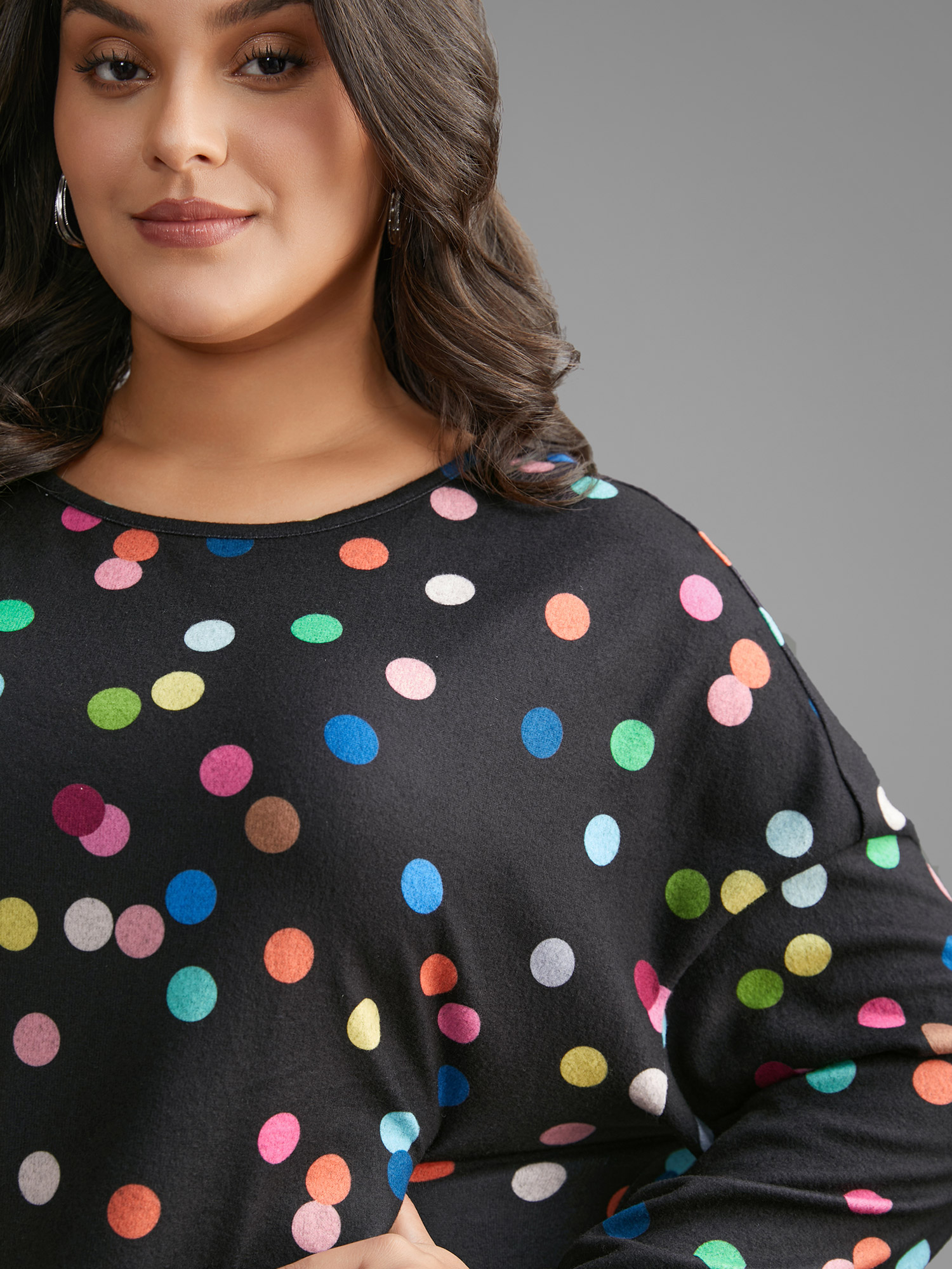 Plus Size Color Polka Dot Drop Shoulder T-shirt Black Women Casual Contrast Round Neck Everyday T-shirts BloomChic 14-16/1X 