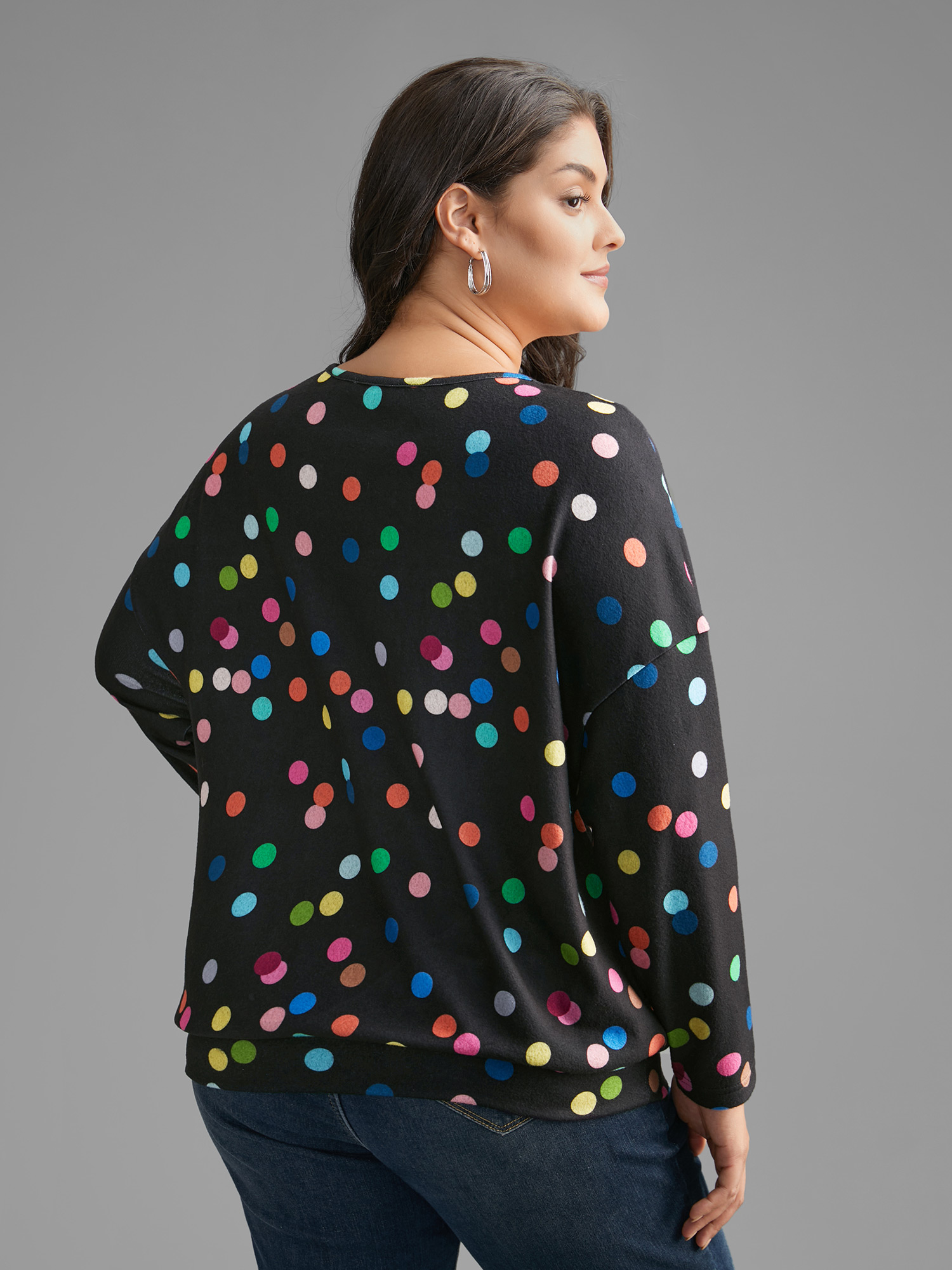 Plus Size Color Polka Dot Drop Shoulder T-shirt Black Women Casual Contrast Round Neck Everyday T-shirts BloomChic 14-16/1X 