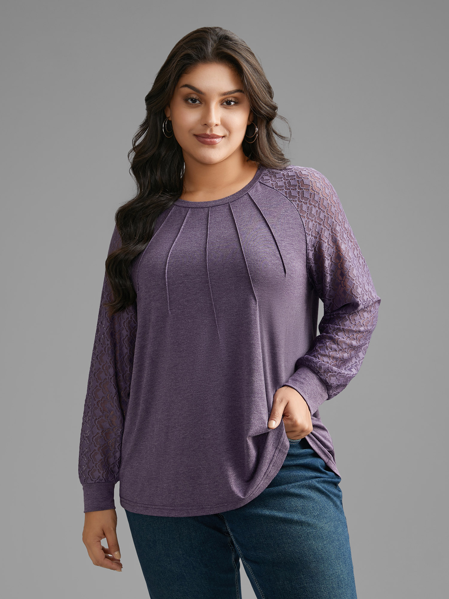 

Plus Size Lace Patchwork Pleated Raglan Sleeve T-shirt Eggplant Women Casual Pleated Round Neck Everyday T-shirts BloomChic