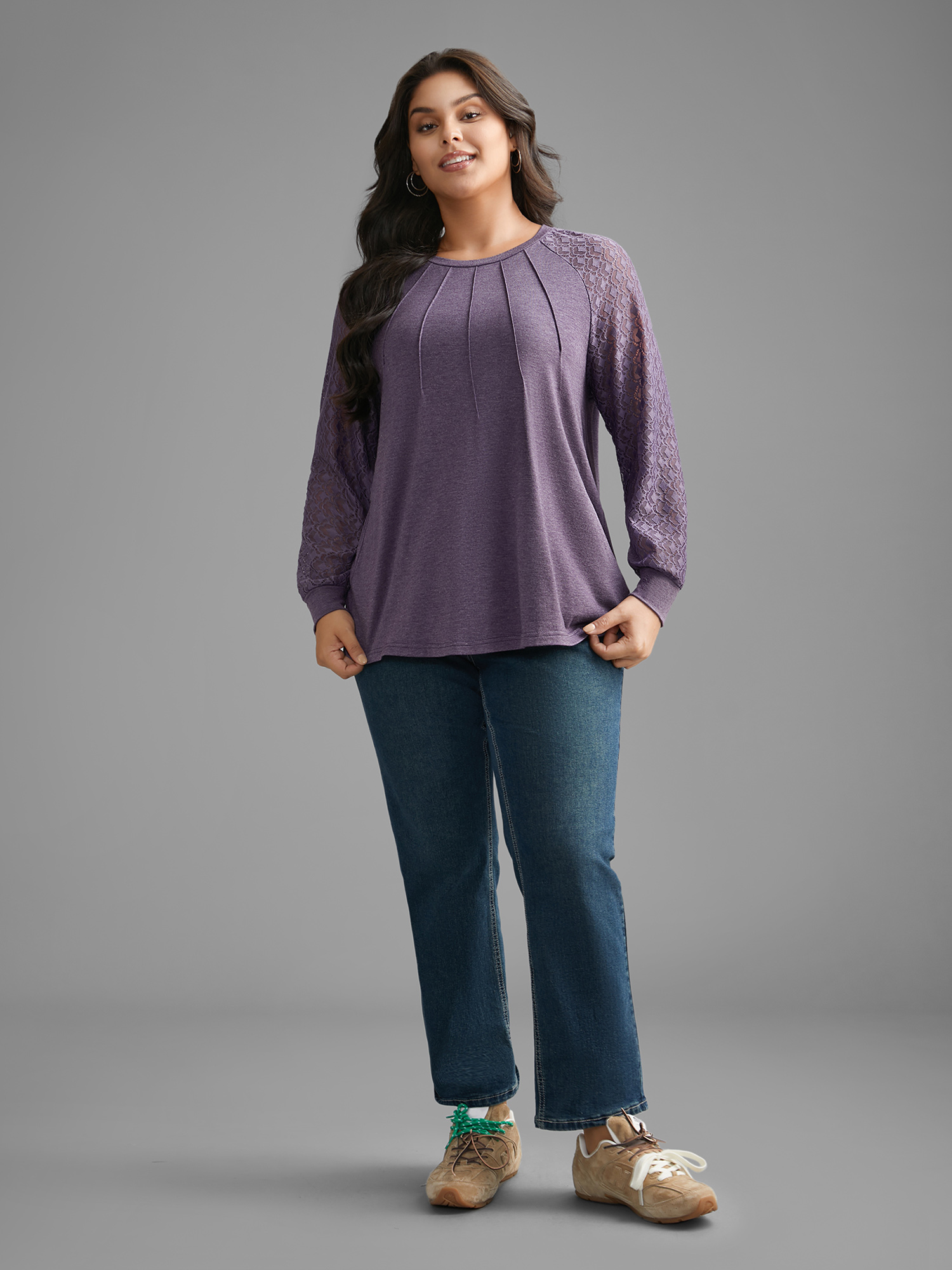Plus Size Lace Patchwork Pleated Raglan Sleeve T-shirt Eggplant Women Casual Pleated Round Neck Everyday T-shirts BloomChic 14-16/1X 