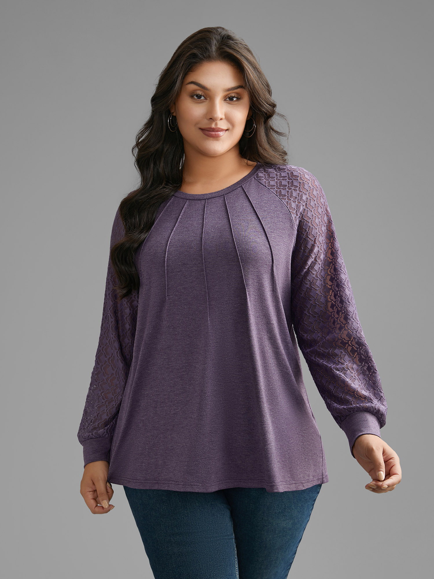 Plus Size Lace Patchwork Pleated Raglan Sleeve T-shirt Eggplant Women Casual Pleated Round Neck Everyday T-shirts BloomChic 14-16/1X 