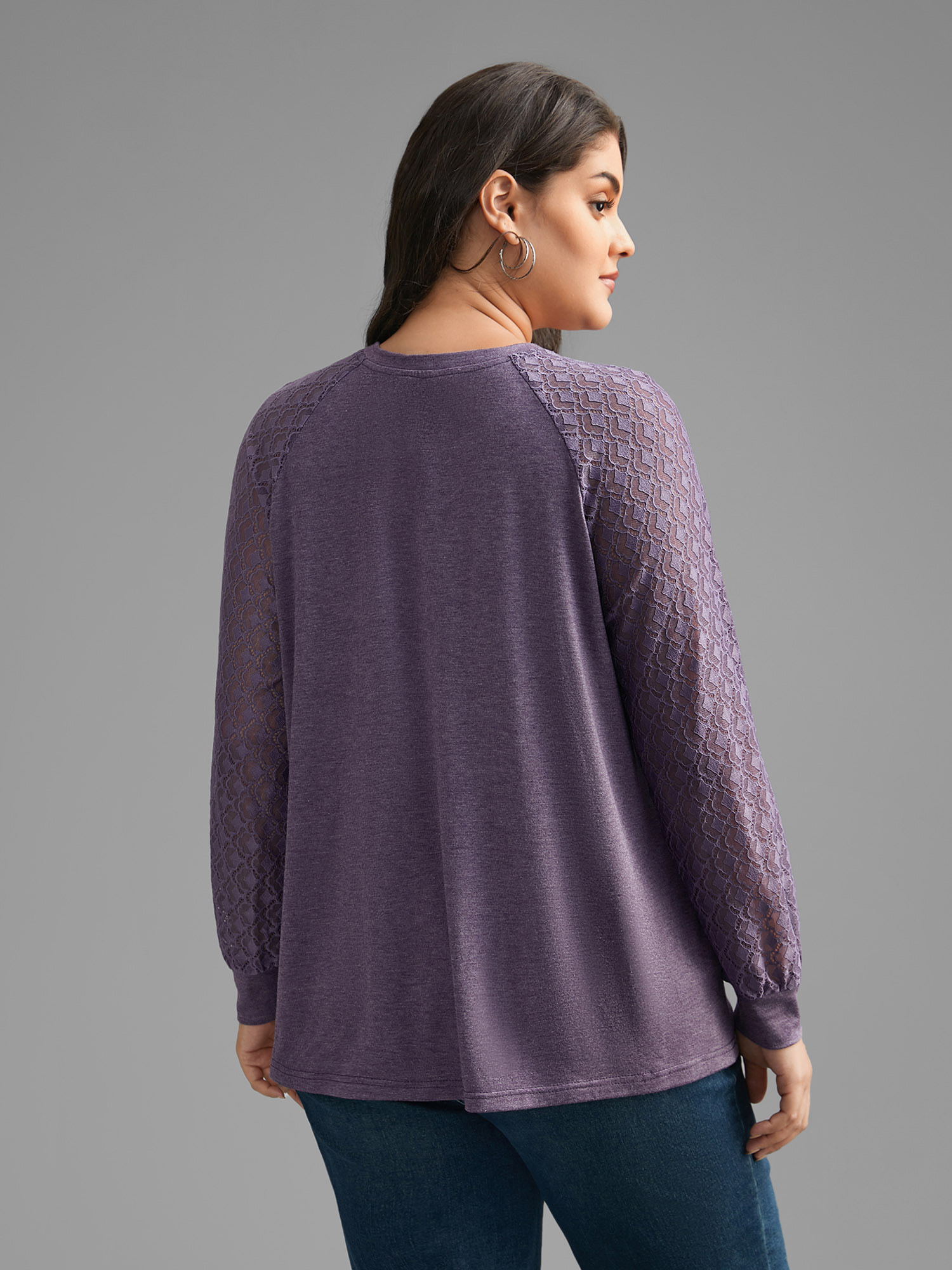 Plus Size Lace Patchwork Pleated Raglan Sleeve T-shirt Eggplant Women Casual Pleated Round Neck Everyday T-shirts BloomChic 14-16/1X 