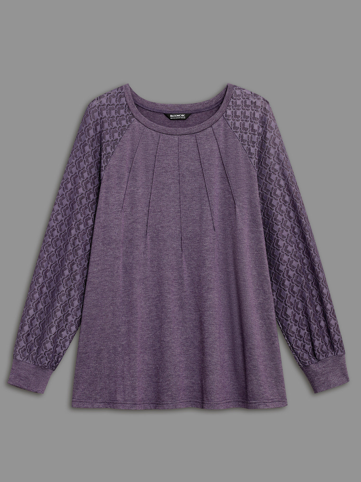 Plus Size Lace Patchwork Pleated Raglan Sleeve T-shirt Eggplant Women Casual Pleated Round Neck Everyday T-shirts BloomChic 14-16/1X 
