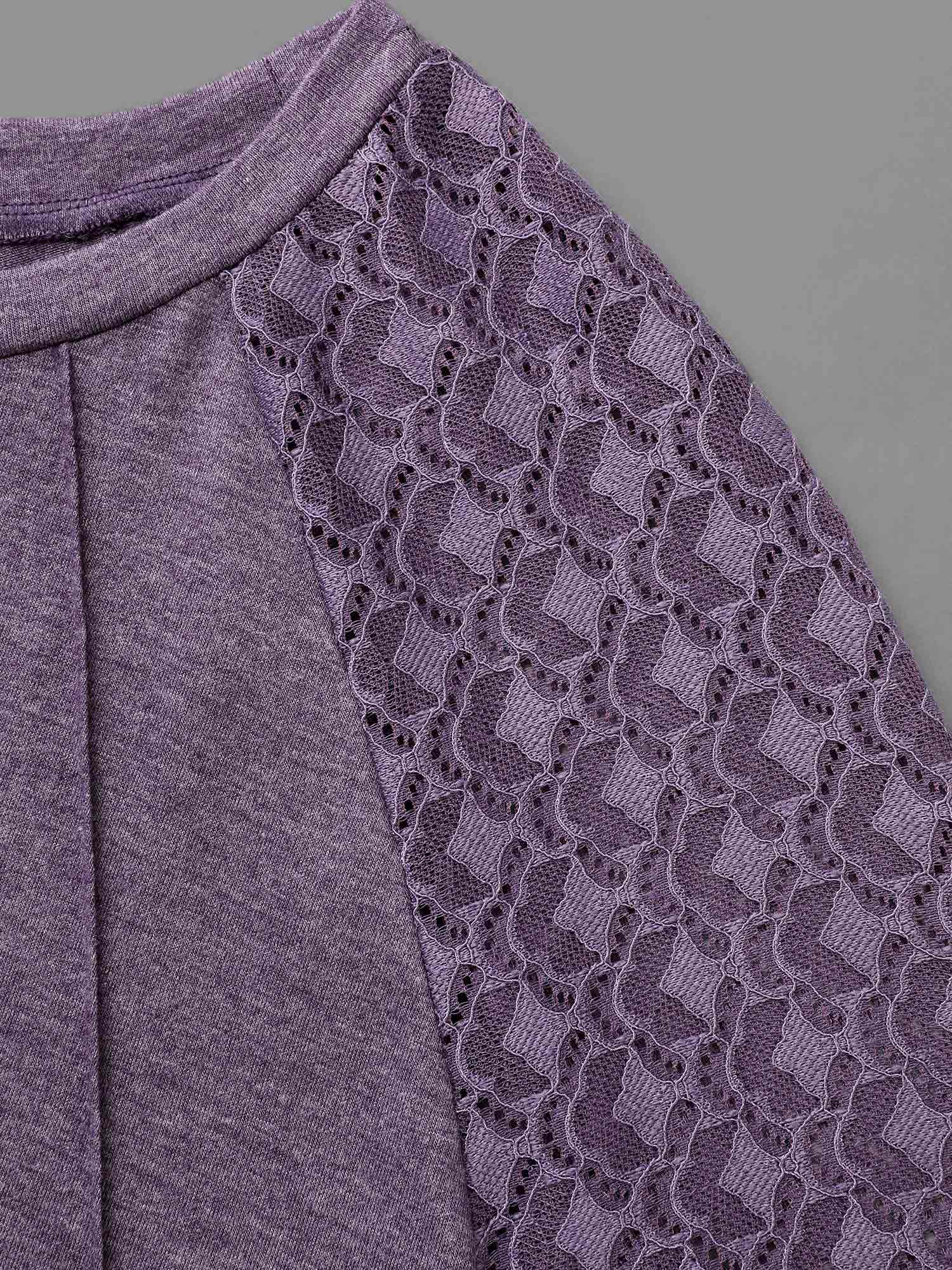 Plus Size Lace Patchwork Pleated Raglan Sleeve T-shirt Eggplant Women Casual Pleated Round Neck Everyday T-shirts BloomChic 14-16/1X 