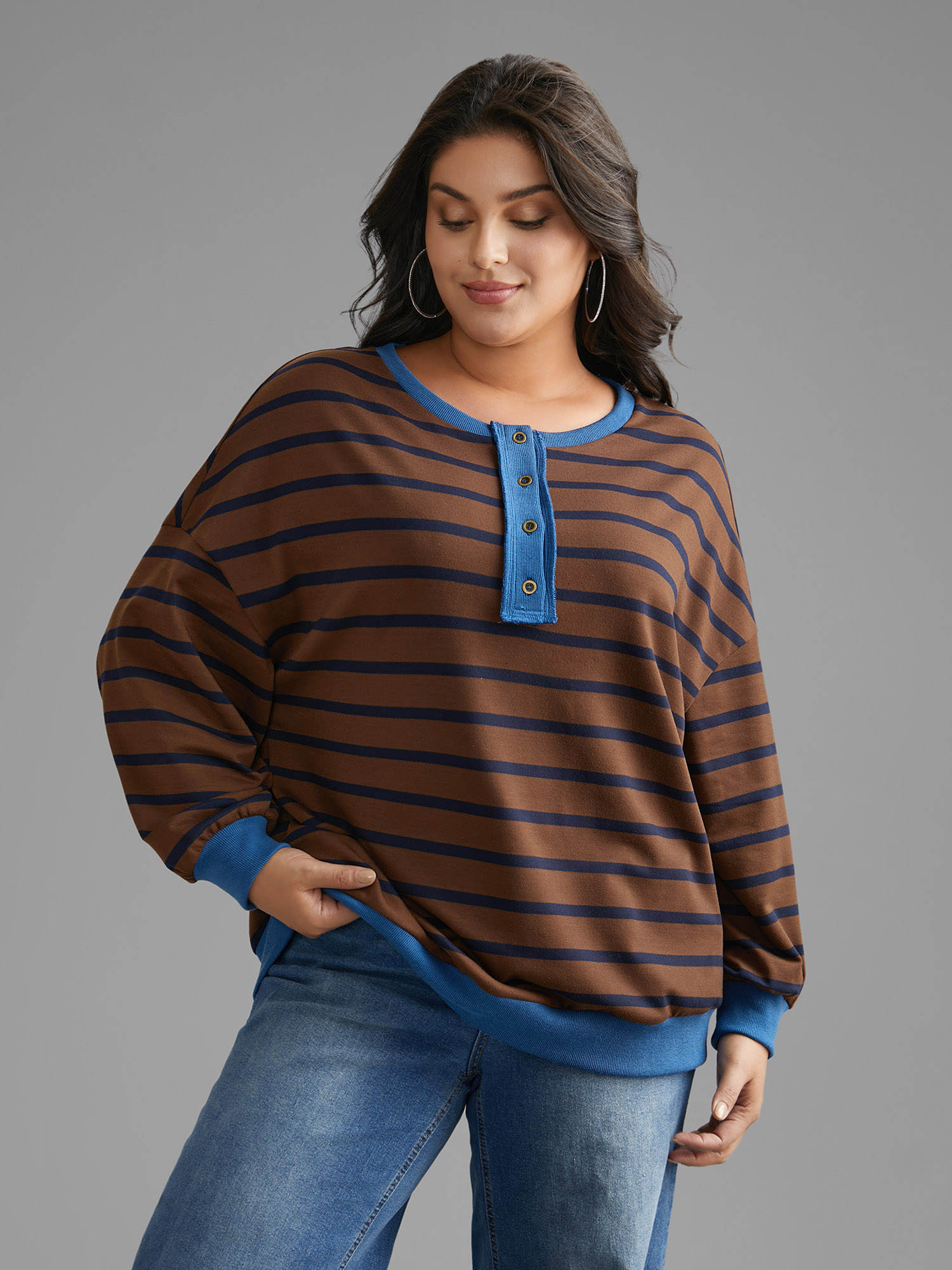 

Plus Size Striped Contrast Button Up Sweatshirt Women Browncoffeecolor Casual Contrast Round Neck Everyday Sweatshirts BloomChic