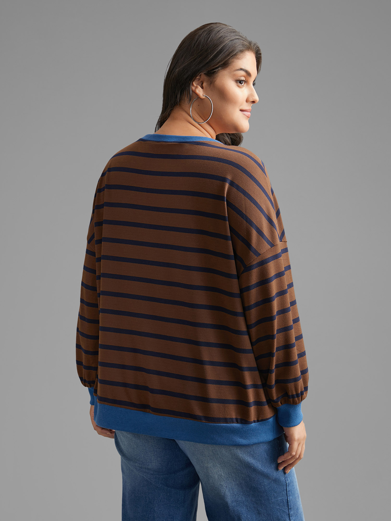 

Plus Size Striped Contrast Button Up Sweatshirt Women Browncoffeecolor Casual Contrast Round Neck Everyday Sweatshirts BloomChic