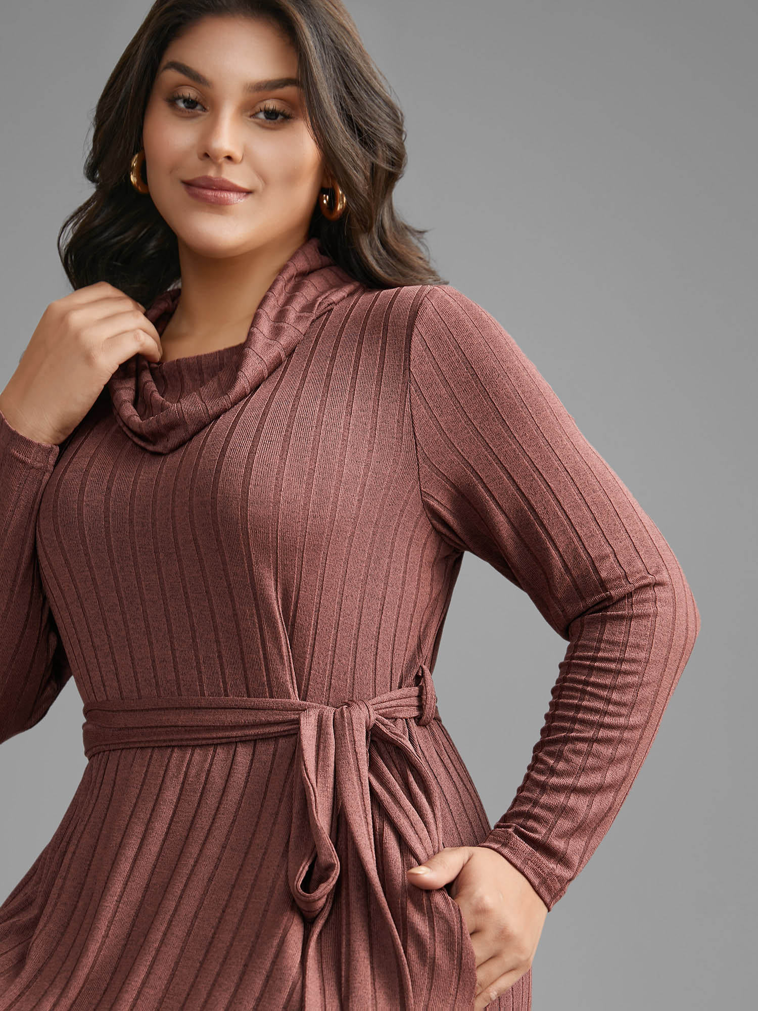 

Plus Size Pit Strip Turtleneck Belted Dress Russet Women Casual Texture Ruffled collar Long Sleeve Curvy BloomChic