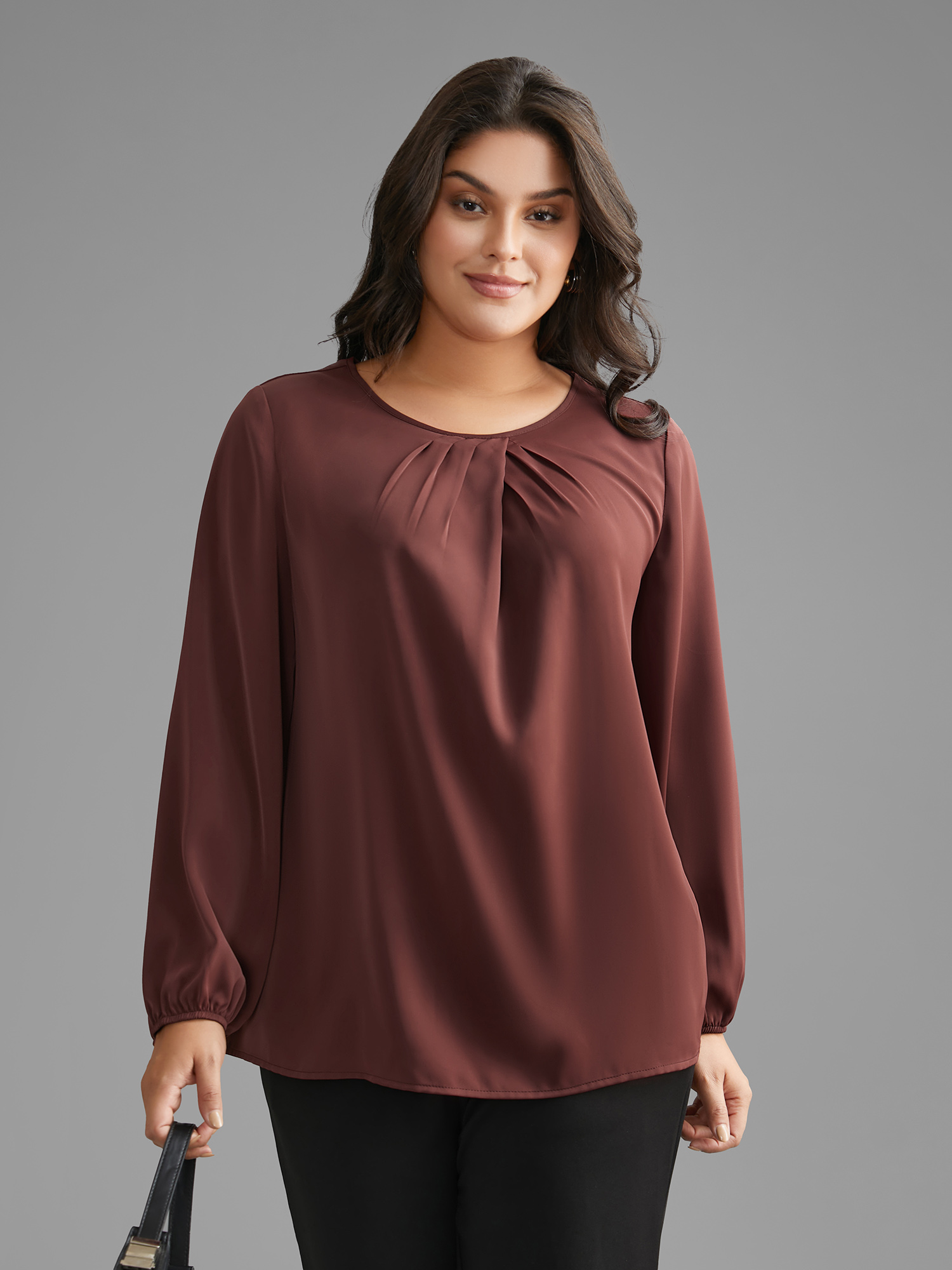 

Plus Size Browncoffeecolor Solid Crew Neck Lantern Sleeve Blouse Women At the Office Long Sleeve Round Neck Work Blouses BloomChic