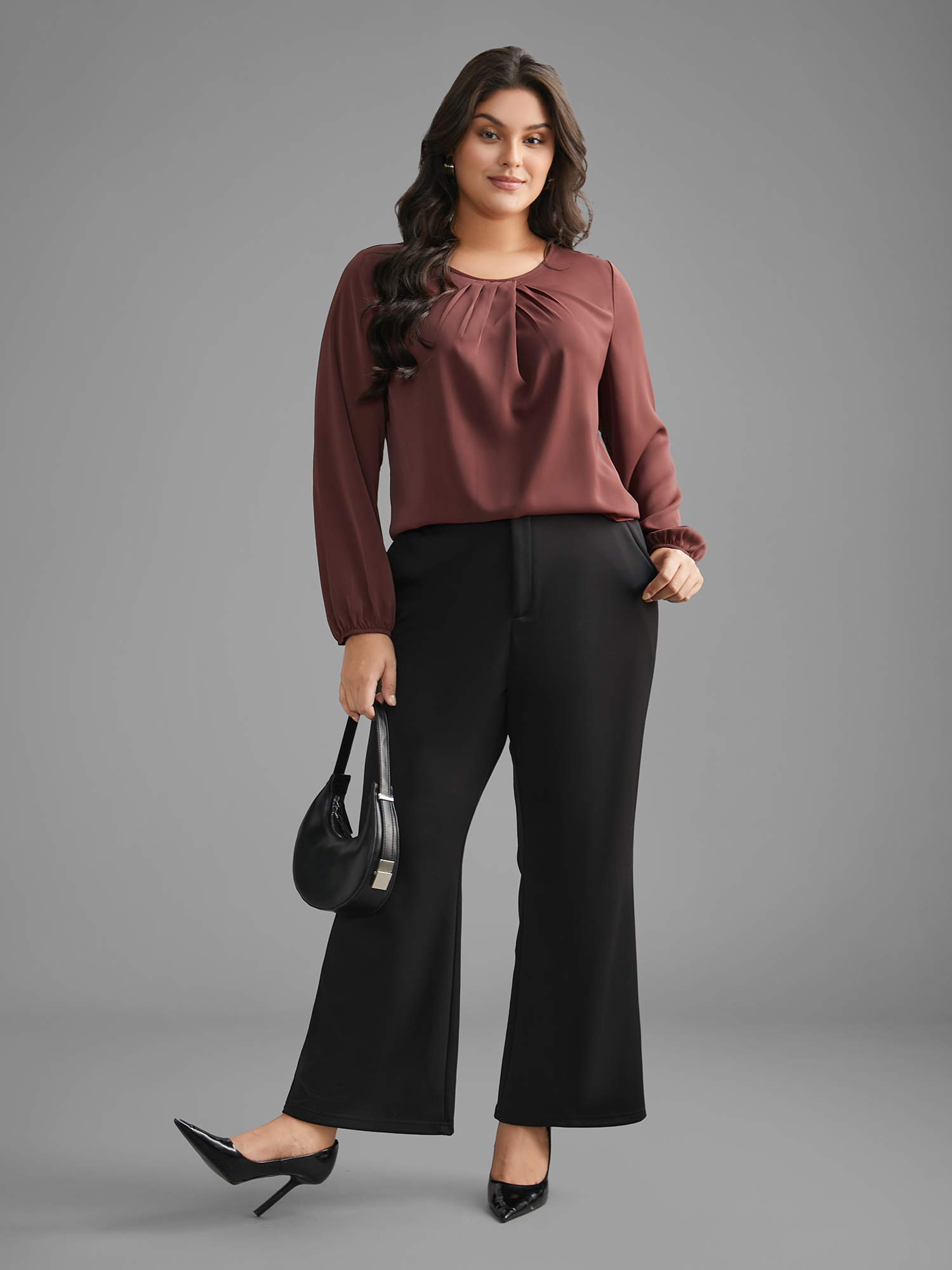 Plus Size Browncoffeecolor Solid Crew Neck Lantern Sleeve Blouse Women At the Office Long Sleeve Round Neck Work Blouses BloomChic 12/L 