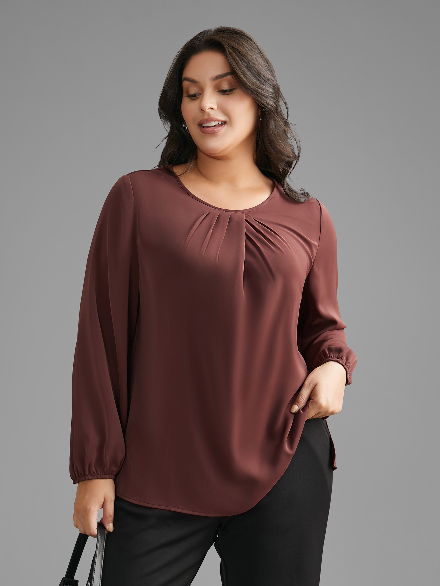 Plus Size Browncoffeecolor Solid Crew Neck Lantern Sleeve Blouse Women At the Office Long Sleeve Round Neck Work Blouses BloomChic 12/L 