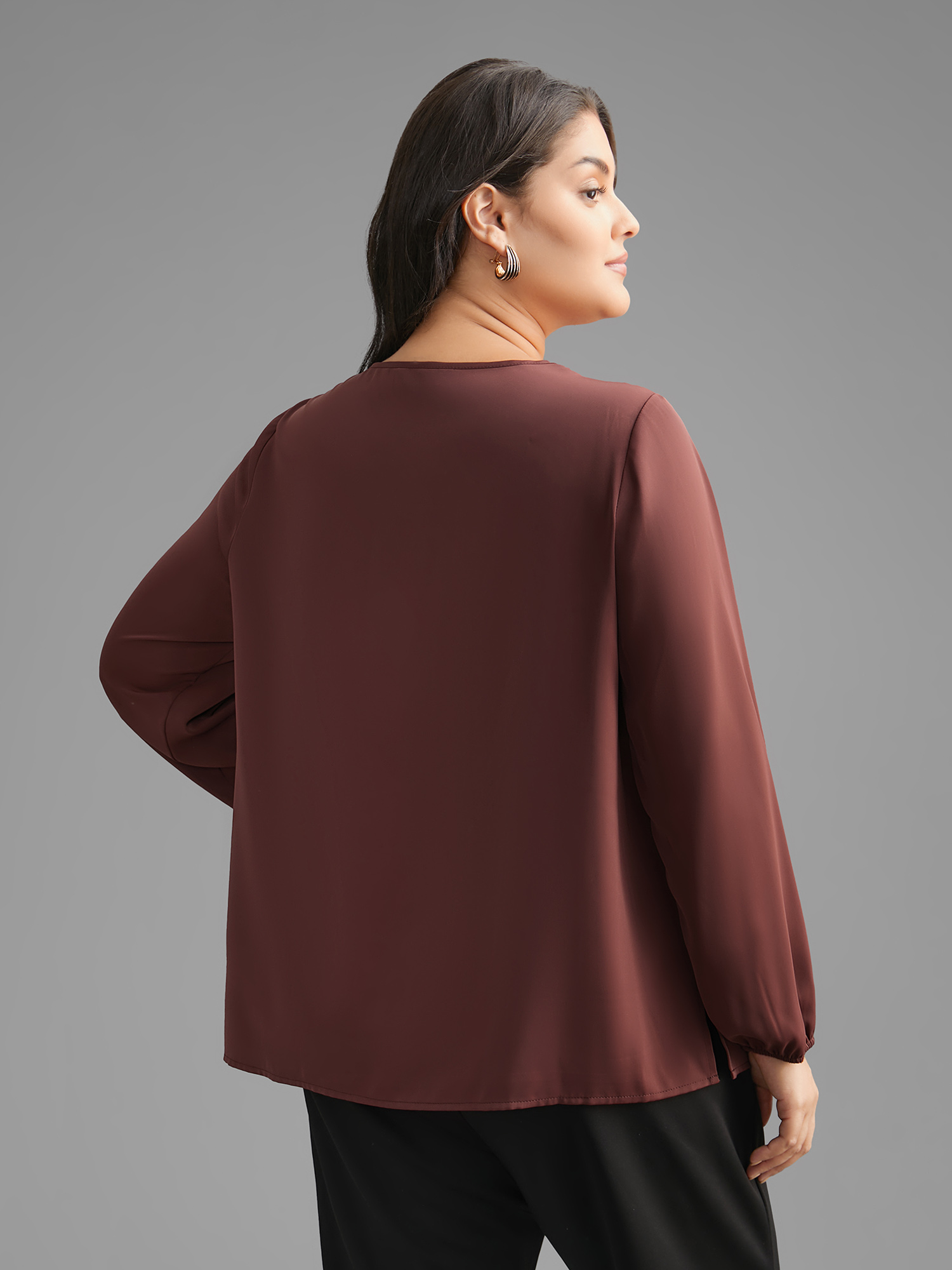 

Plus Size Browncoffeecolor Solid Crew Neck Lantern Sleeve Blouse Women At the Office Long Sleeve Round Neck Work Blouses BloomChic