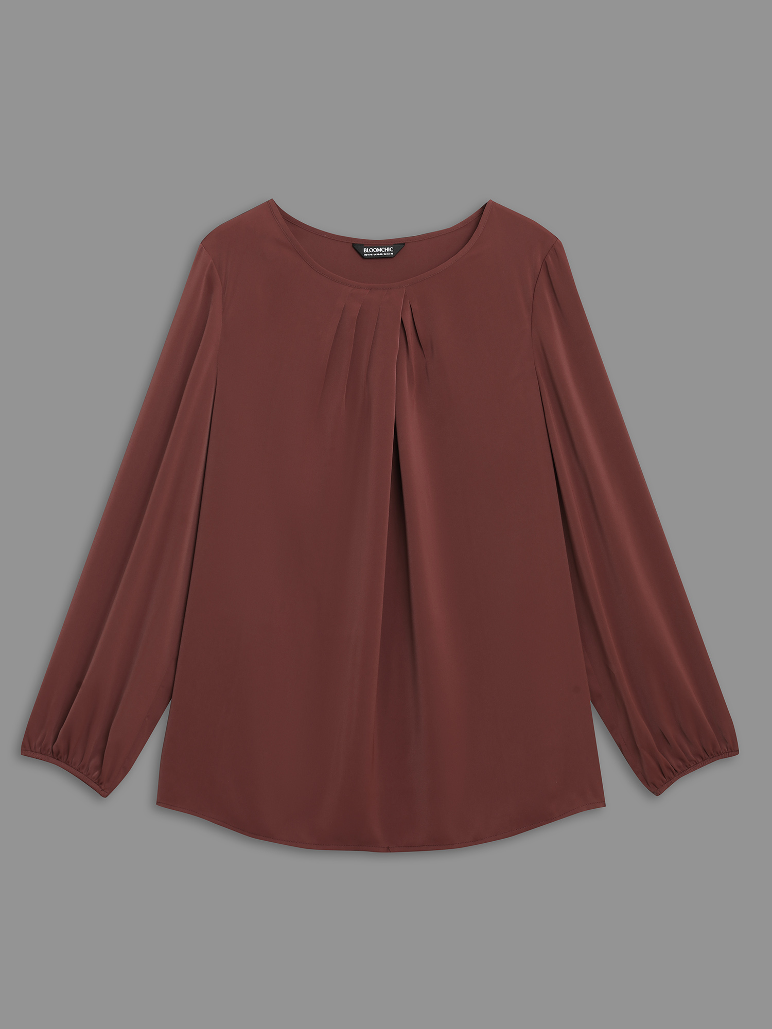 Plus Size Browncoffeecolor Solid Crew Neck Lantern Sleeve Blouse Women At the Office Long Sleeve Round Neck Work Blouses BloomChic 12/L 