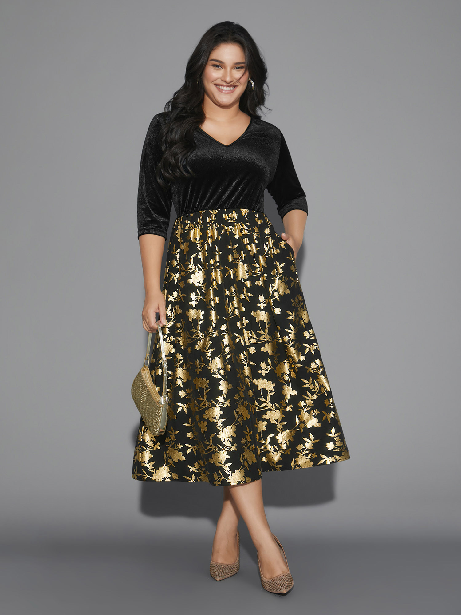 

Plus Size Glitter Floral Patchwork Velvet Midi Dress Black Women Cocktail Texture Party Curvy Bloomchic