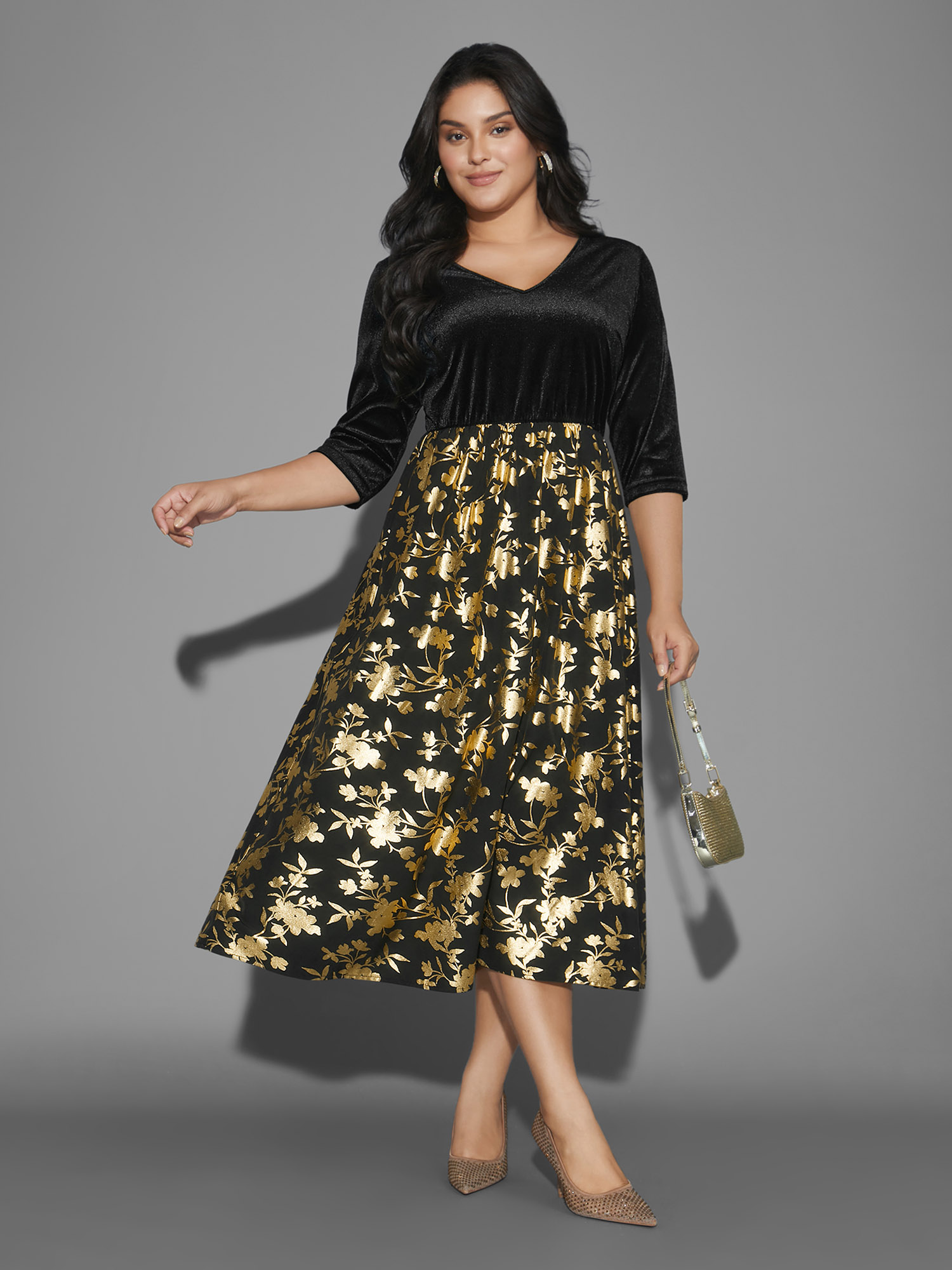 BloomChic Women's Plus Size Glitter Floral Patchwork Velvet Midi Dress Black Party 12/L-image-46337077510314