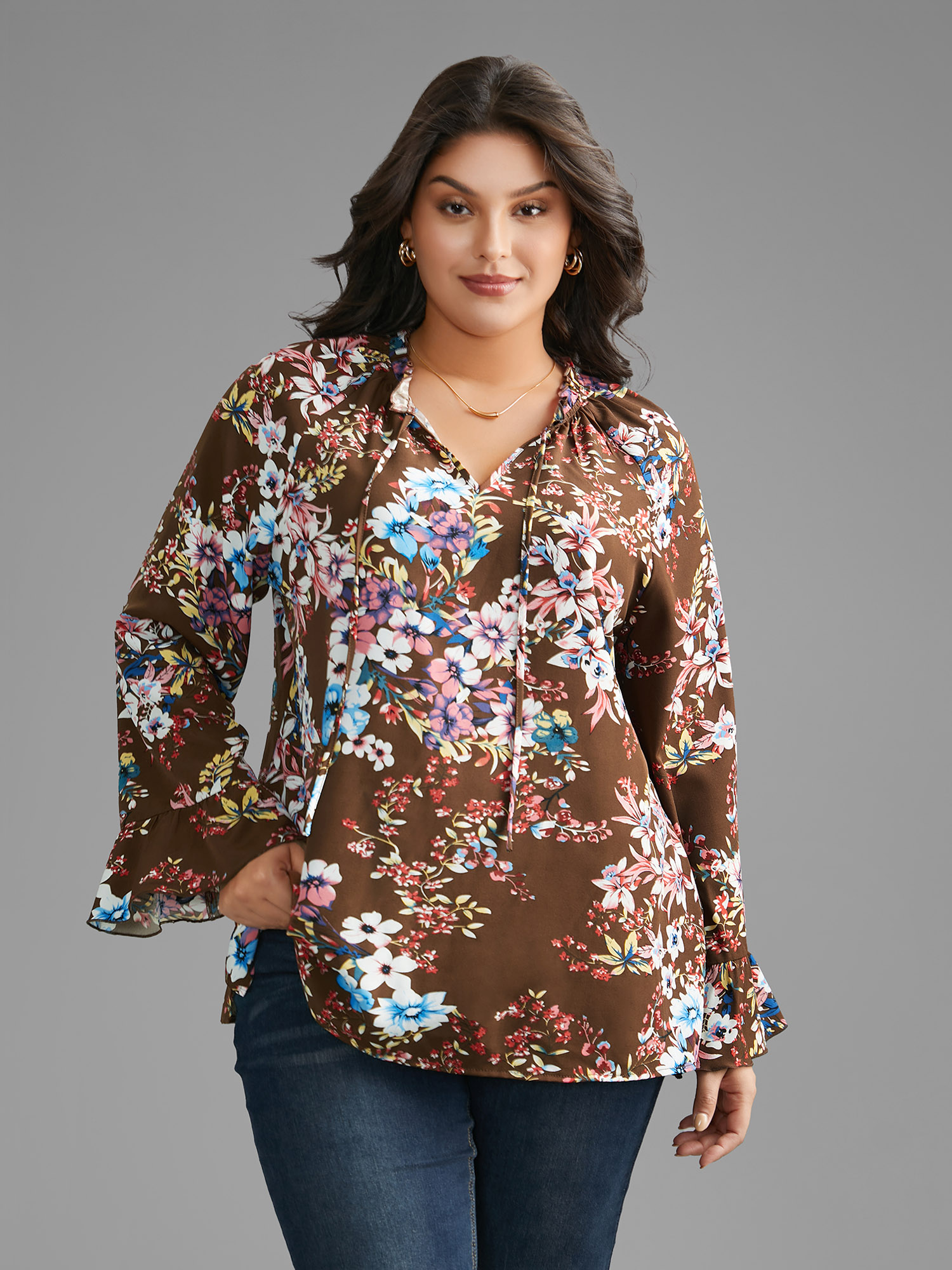 

Plus Size Browncoffeecolor Floral Tie Knot Flutter Sleeve Blouse Women Elegant Long Sleeve V-neck Everyday Blouses BloomChic