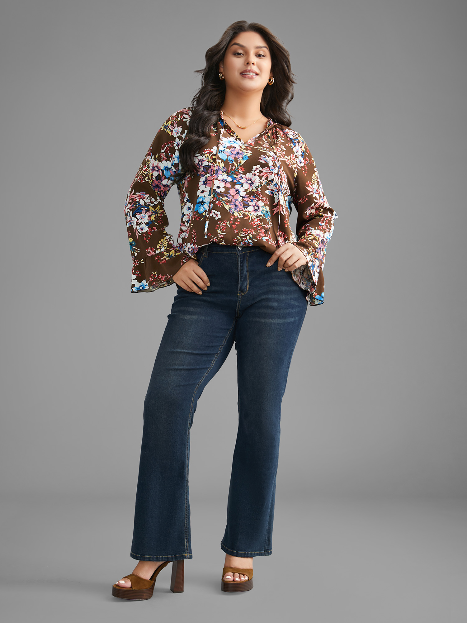 Plus Size Browncoffeecolor Floral Tie Knot Flutter Sleeve Blouse Women Elegant Long Sleeve V-neck Everyday Blouses BloomChic 22-24/3X 