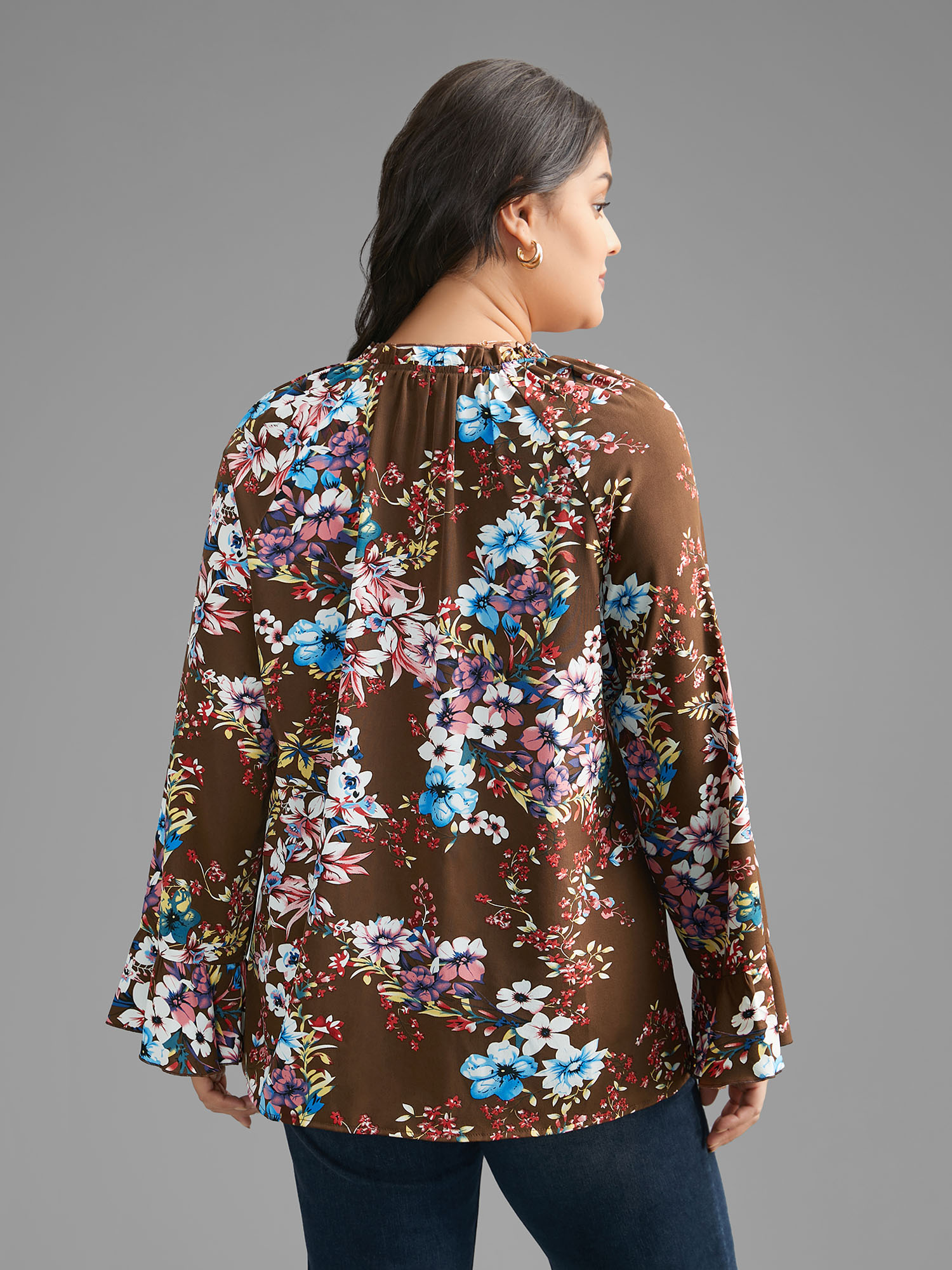 Plus Size Browncoffeecolor Floral Tie Knot Flutter Sleeve Blouse Women Elegant Long Sleeve V-neck Everyday Blouses BloomChic 22-24/3X 