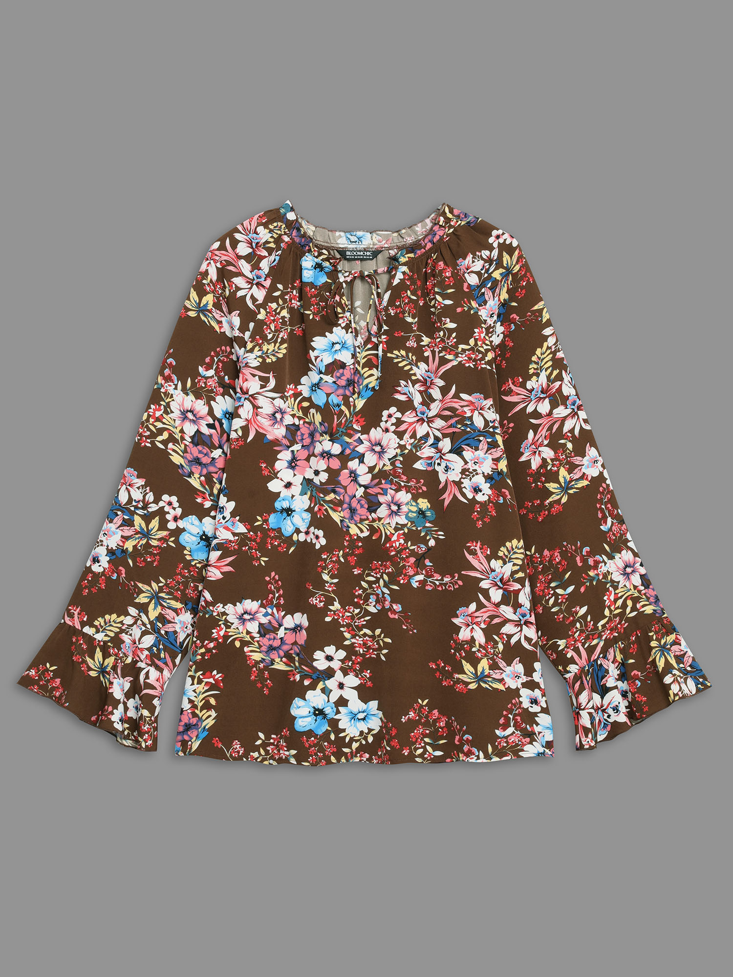 Plus Size Browncoffeecolor Floral Tie Knot Flutter Sleeve Blouse Women Elegant Long Sleeve V-neck Everyday Blouses BloomChic 22-24/3X 