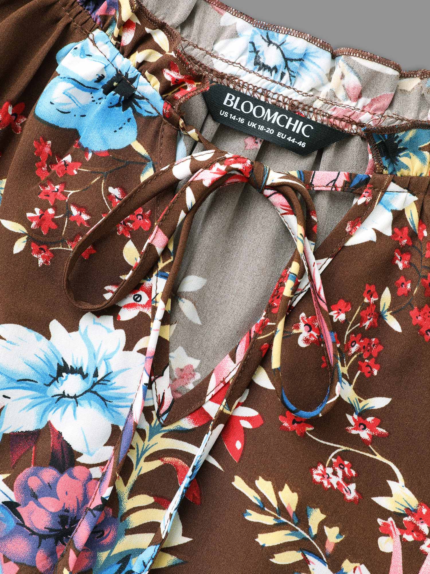 Plus Size Browncoffeecolor Floral Tie Knot Flutter Sleeve Blouse Women Elegant Long Sleeve V-neck Everyday Blouses BloomChic 22-24/3X 