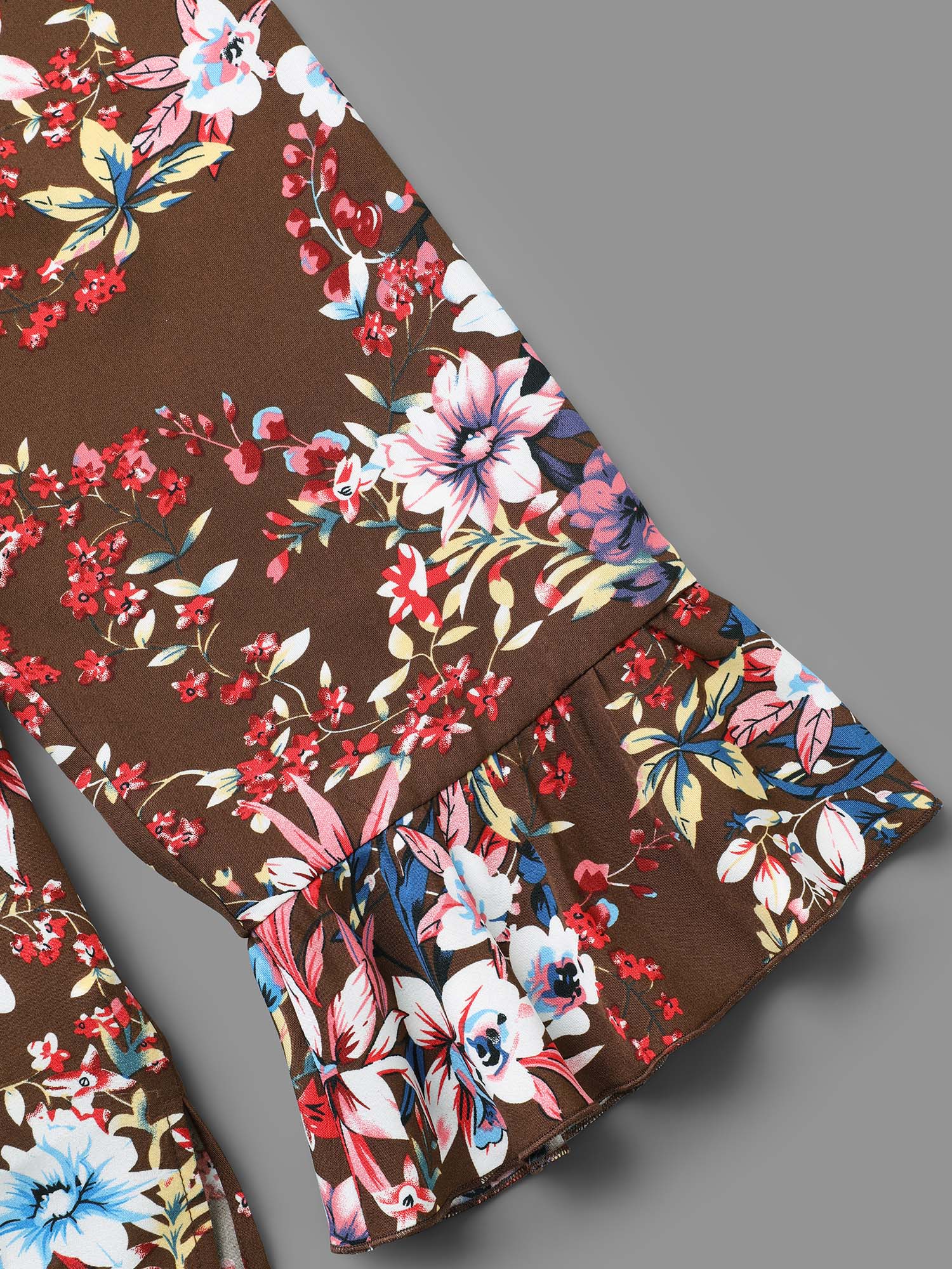 Plus Size Browncoffeecolor Floral Tie Knot Flutter Sleeve Blouse Women Elegant Long Sleeve V-neck Everyday Blouses BloomChic 22-24/3X 