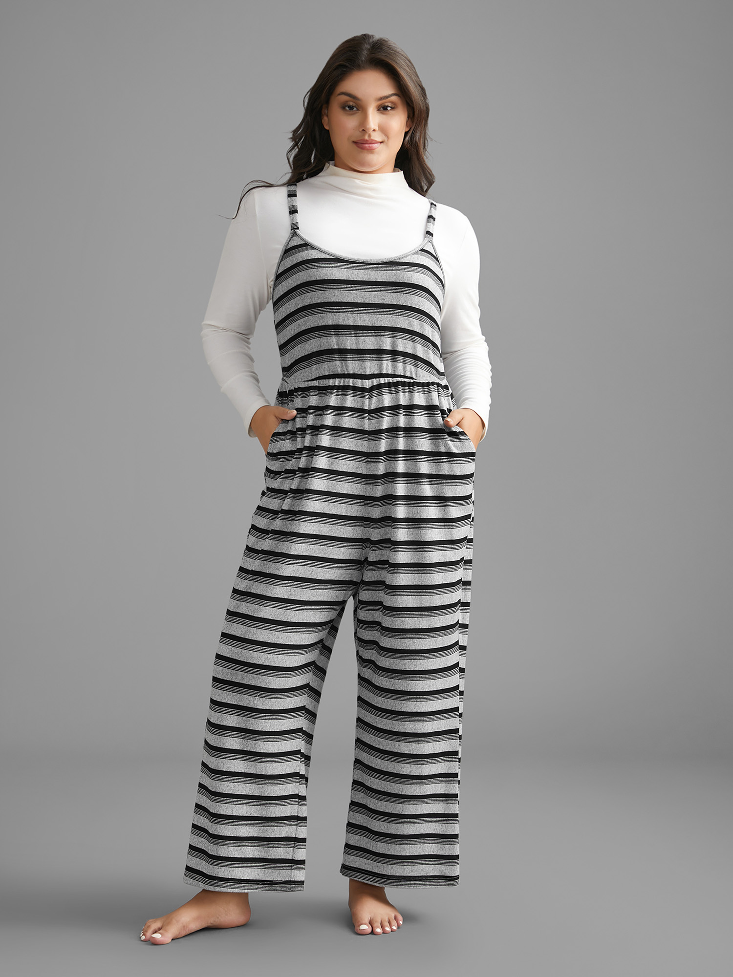 Plus Size Striped U Neck Elastic Waist Sleep Jumpsuit Black Slanted pocket Non Everyday Lounge Sleep Jumpsuits/Rompers 12/L Bloomchic
