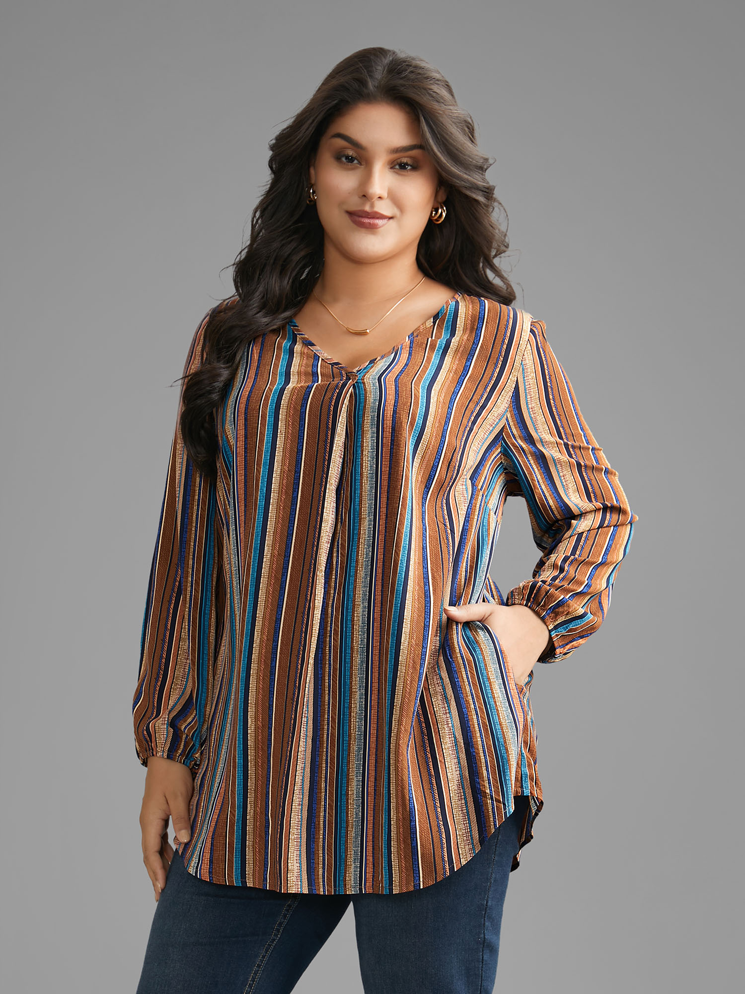 

Plus Size Multicolor Contrast Striped Pocket Lantern Sleeve Blouse Women Elegant Extra Long Sleeve V-neck Everyday Blouses BloomChic