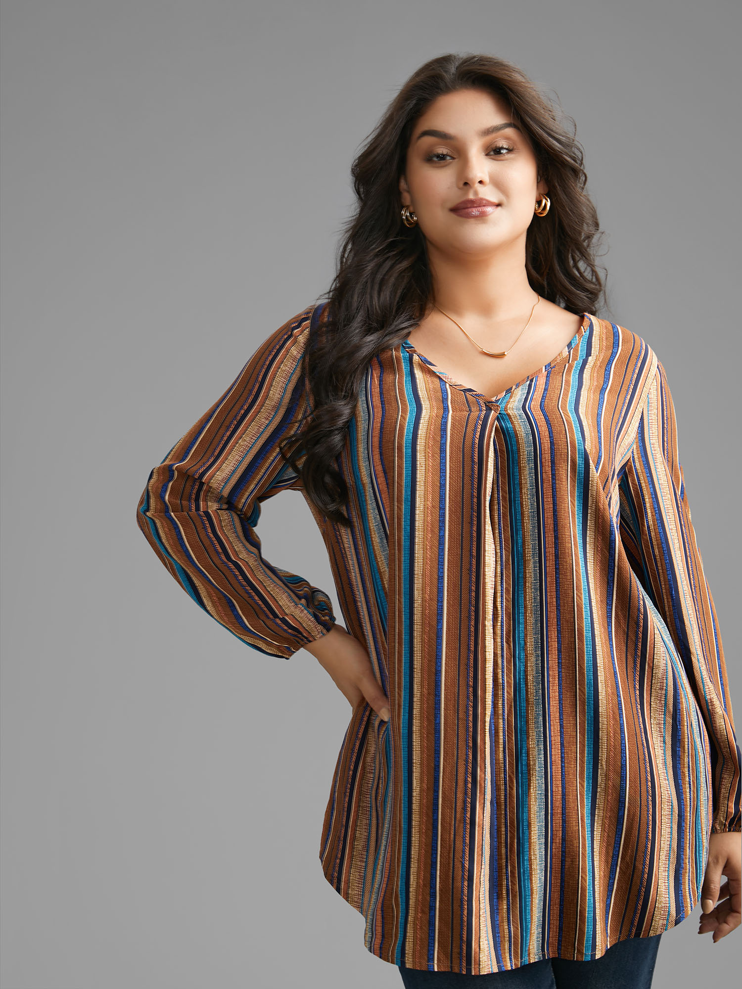 

Plus Size Multicolor Contrast Striped Pocket Lantern Sleeve Blouse Women Elegant Extra Long Sleeve V-neck Everyday Blouses BloomChic