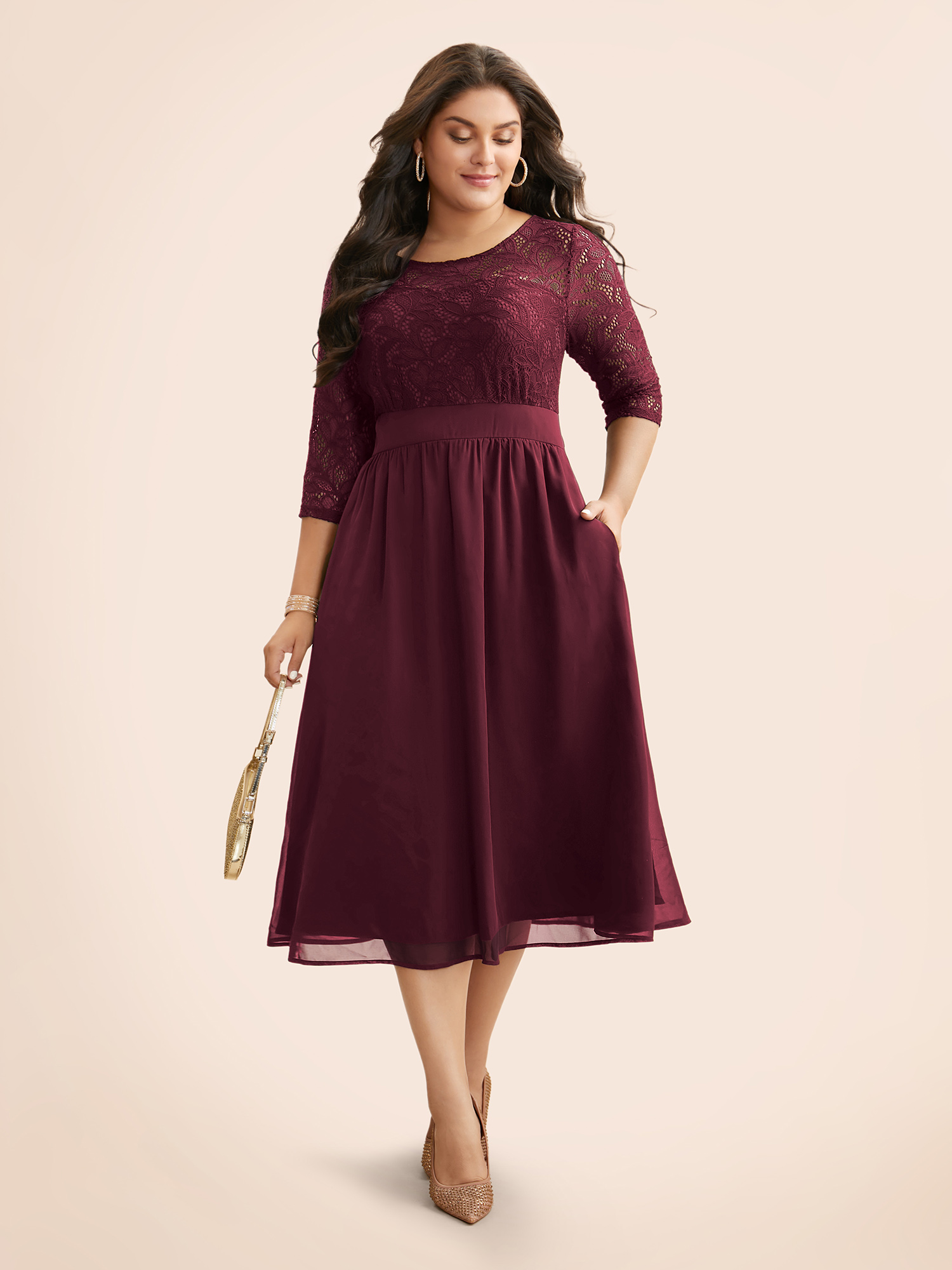 

Plus Size Lace Patchwork Shirred Midi Pocket Dress Burgundy Women Cocktail Woven ribbon&lace trim Round Neck Elbow-length sleeve Curvy BloomChic