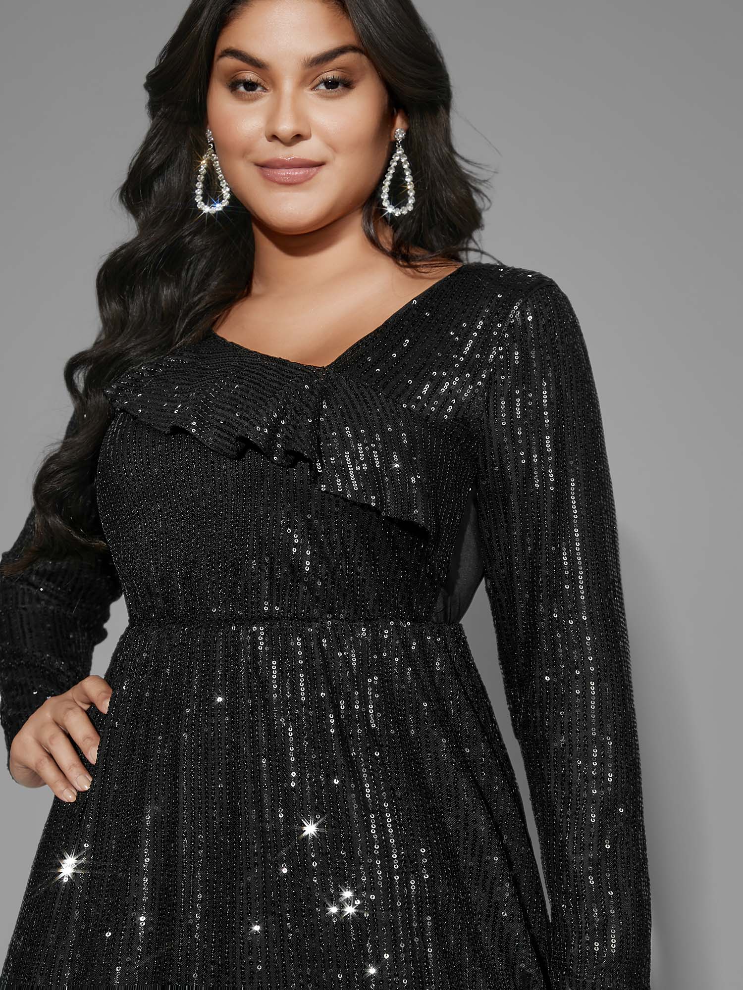 

Plus Size Sequin Mesh Asymmetrical Neck Midi Dress Black Women Cocktail Texture Party Curvy Bloomchic