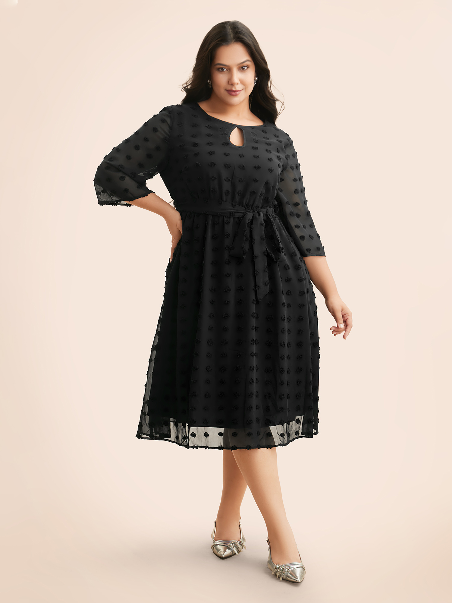 

Plus Size Chiffon Jacquard Patchwork Mesh Keyhole Dress Black Women Elegant Gathered Boat Neck Elbow-length sleeve Curvy BloomChic