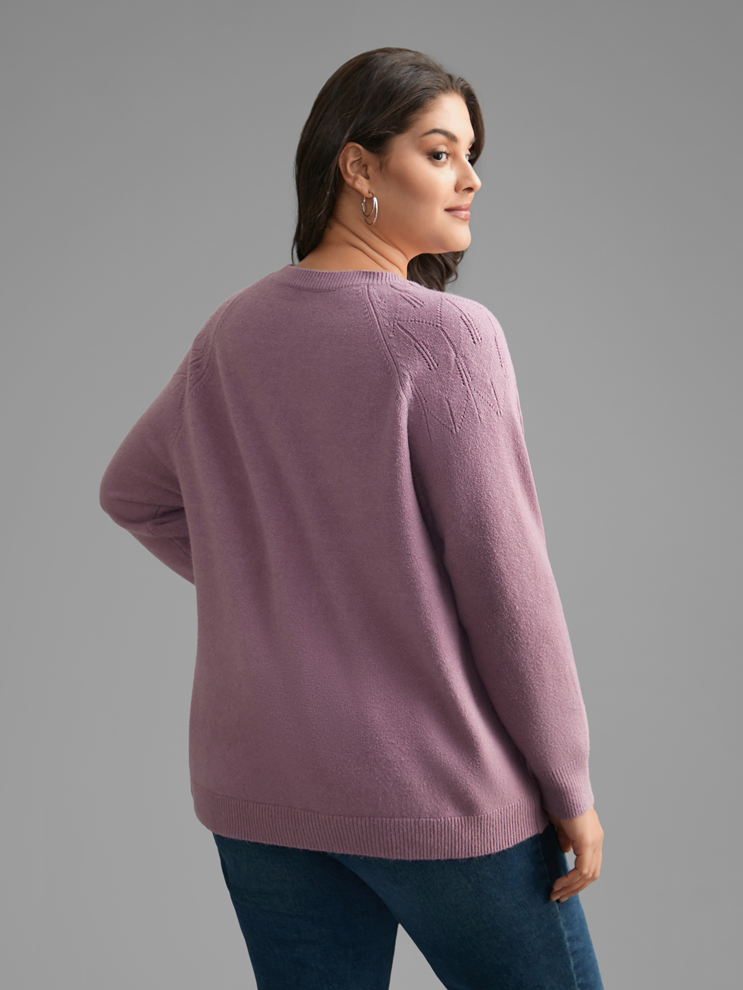 

Plus Size Supersoft Essentials Solid Pointelle Knit Pullover Lilac Women Casual Loose Long Sleeve Round Neck Everyday Pullovers BloomChic