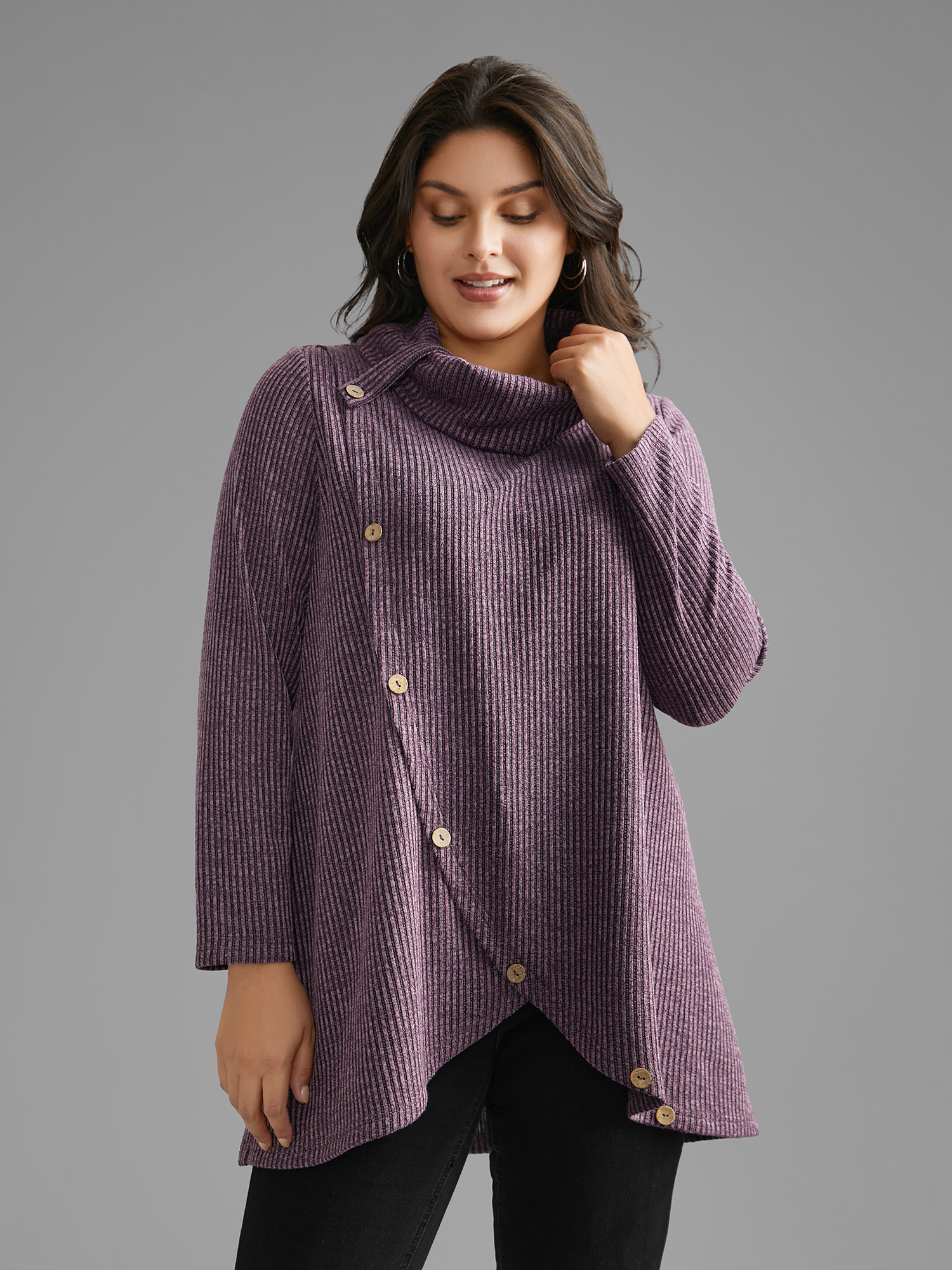 

Plus Size Rib Knit Button Detail Wrap Hem Sweatshirt Women Mauve Casual Overlapping Loose Ruffled collar Everyday Sweatshirts BloomChic