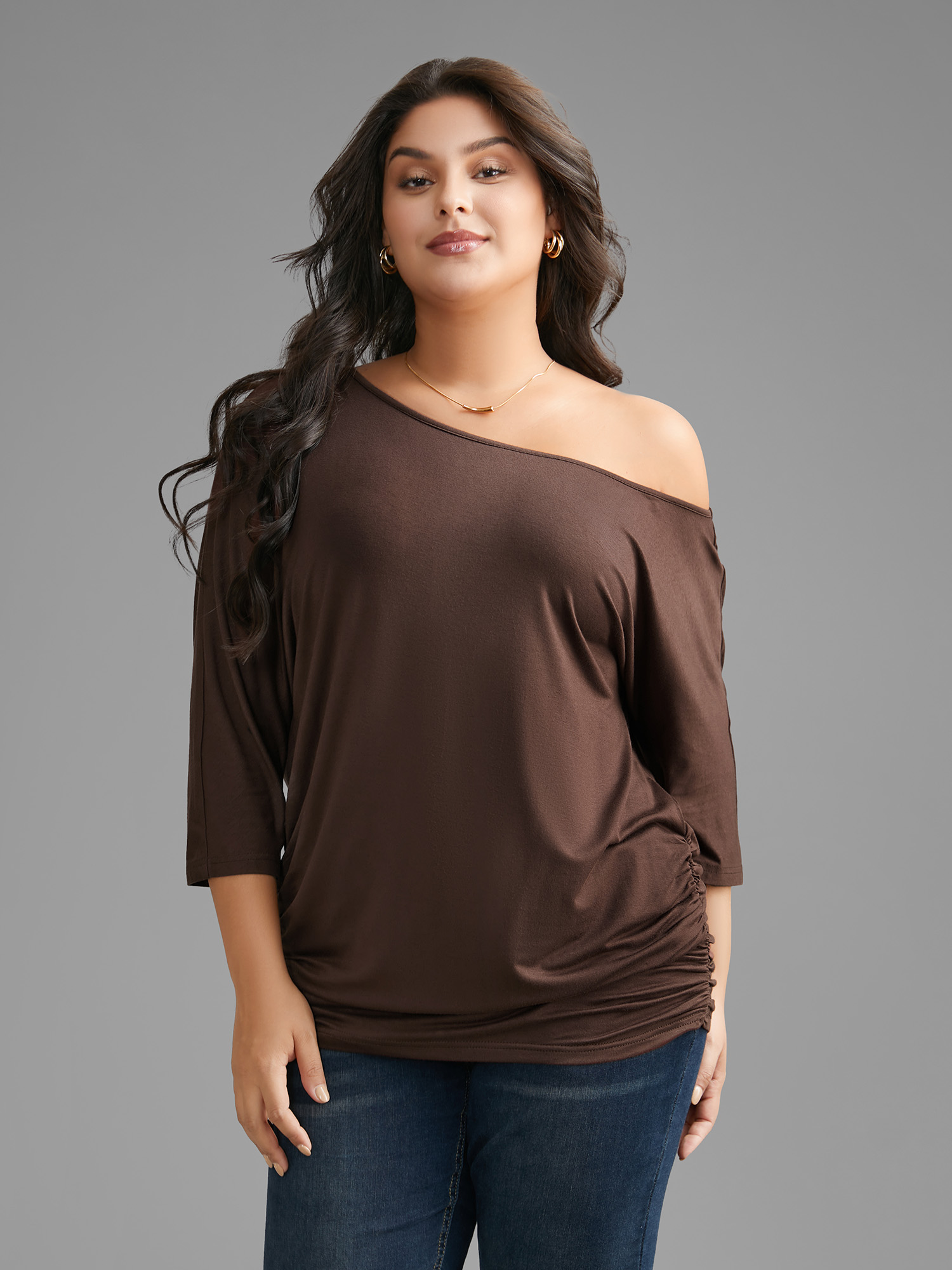 

Plus Size Solid Off Shoulder Dolman Sleeve Jersey Top DarkBrown Boat Neck Three Quater Length Sleeve Elegant Jersey Tops