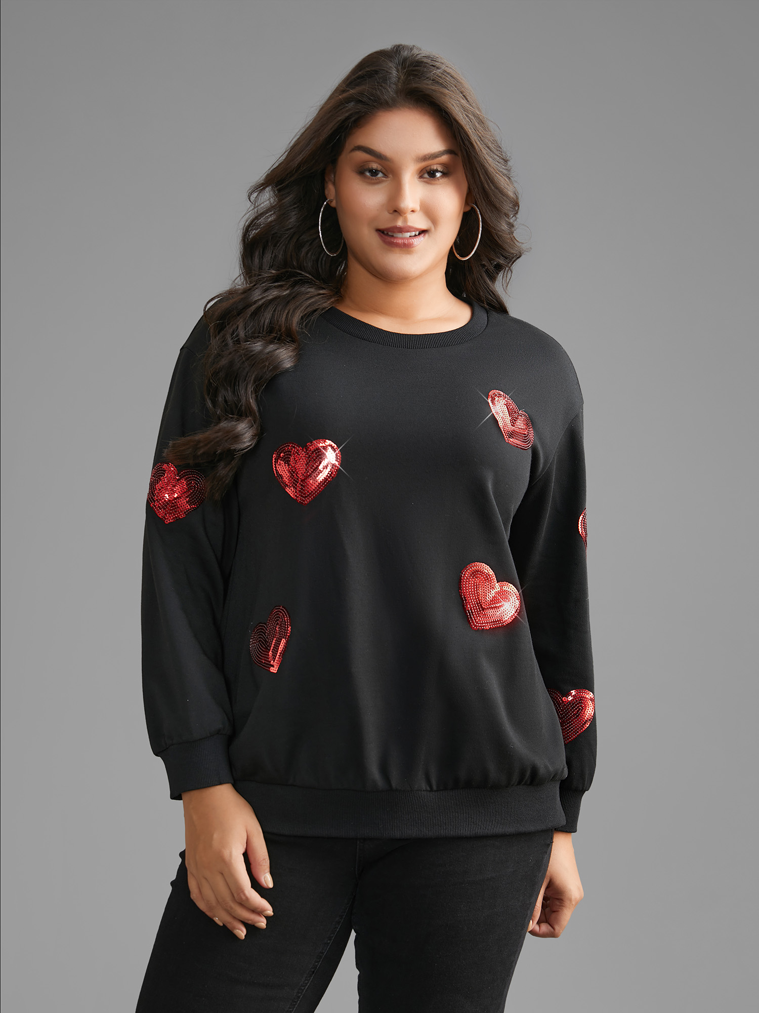 

Plus Size Sequin Heart Embellished Puffy Sleeves Sweatshirt Women Black Casual Round Neck Everyday Sweatshirts BloomChic