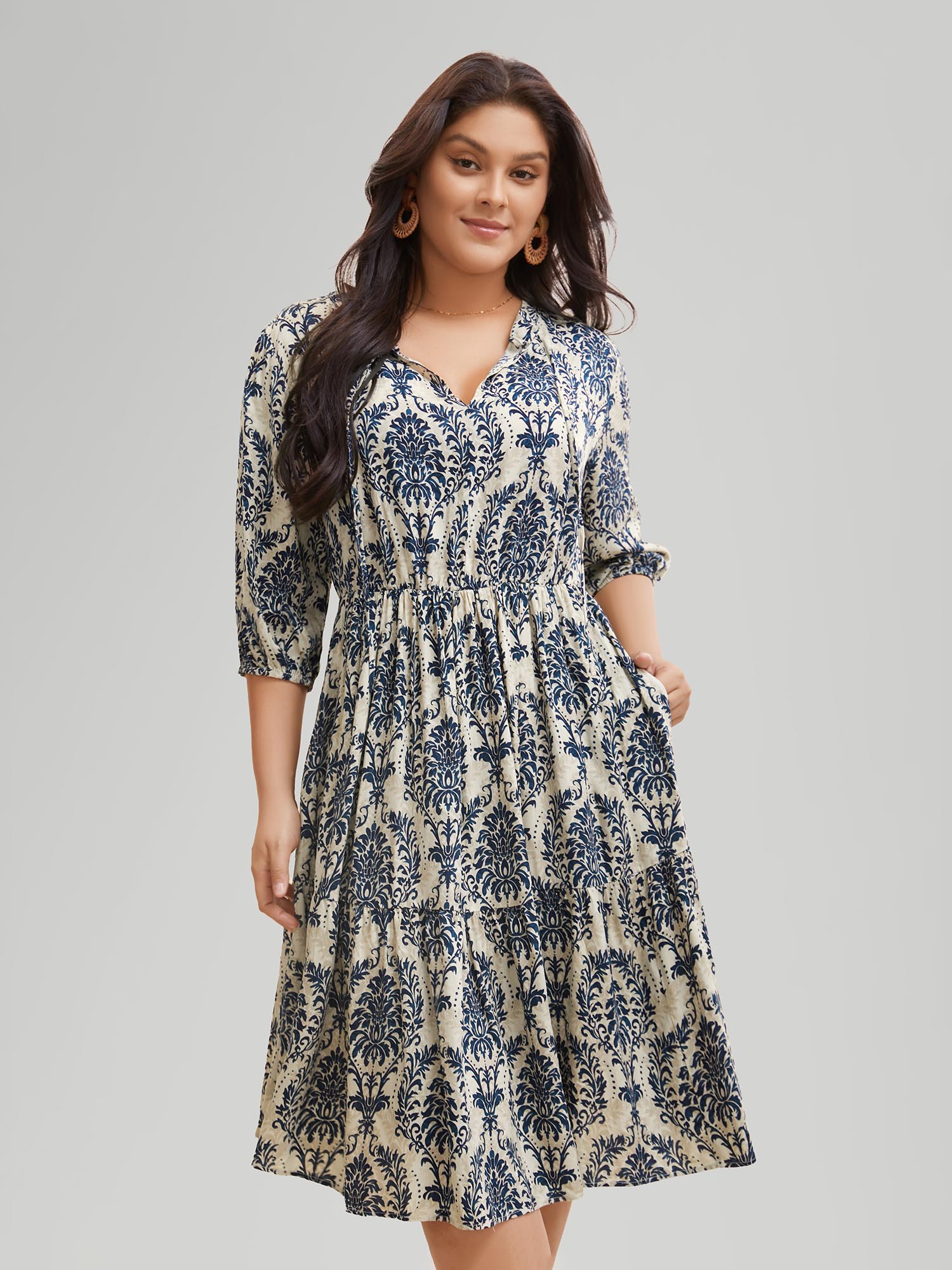 Plus Size Boho Print Tie Knot Puff Sleeve Dress DarkBlue Women Resort Tie knot V-neck Elbow-length sleeve Curvy BloomChic 14-16/1X 