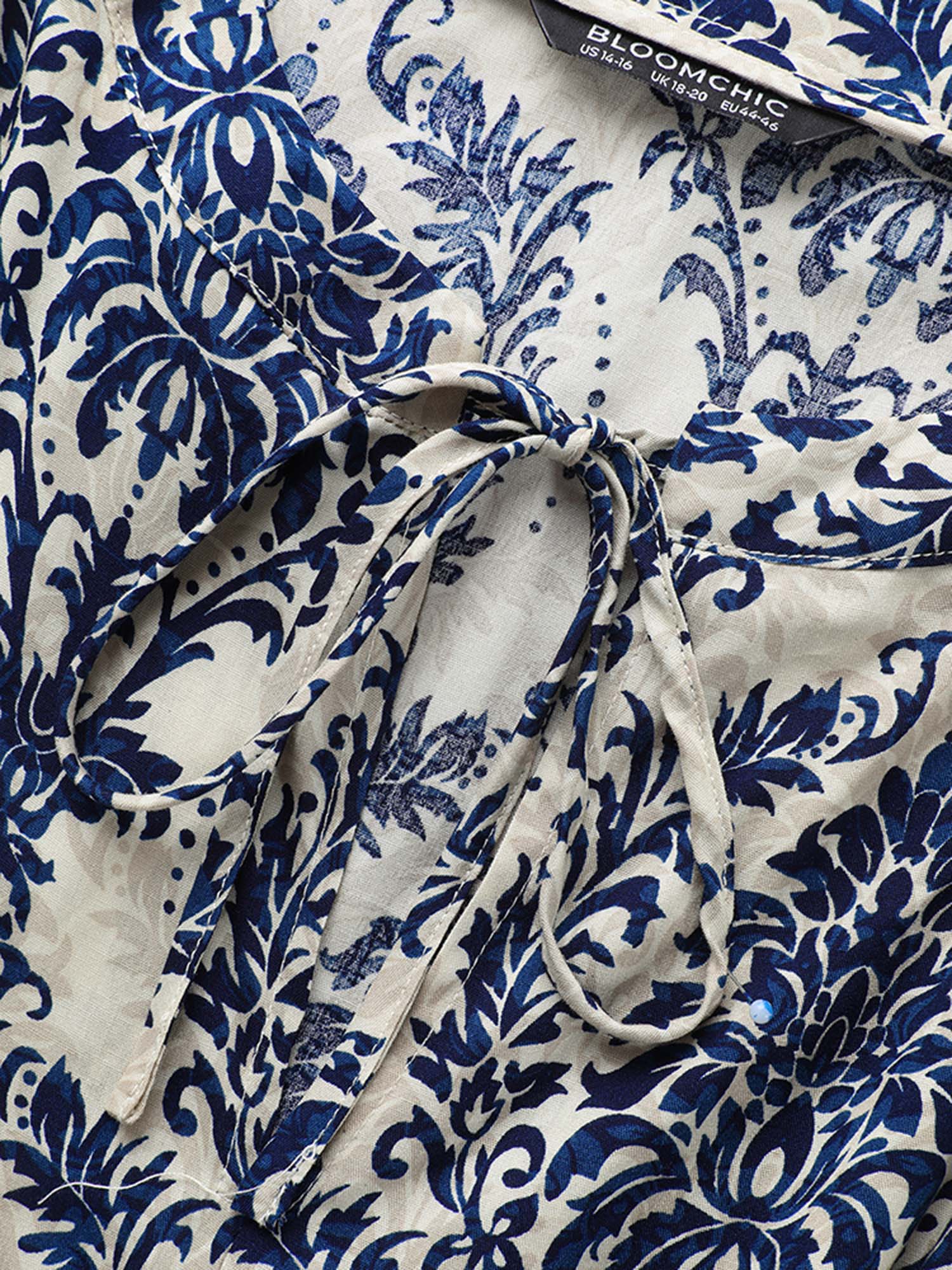 Plus Size Boho Print Tie Knot Puff Sleeve Dress DarkBlue Women Resort Tie knot V-neck Elbow-length sleeve Curvy BloomChic 14-16/1X 