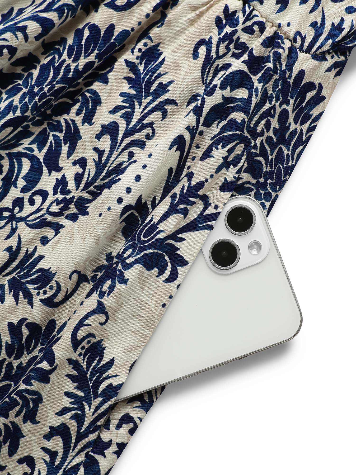 Plus Size Boho Print Tie Knot Puff Sleeve Dress DarkBlue Women Resort Tie knot V-neck Elbow-length sleeve Curvy BloomChic 14-16/1X 
