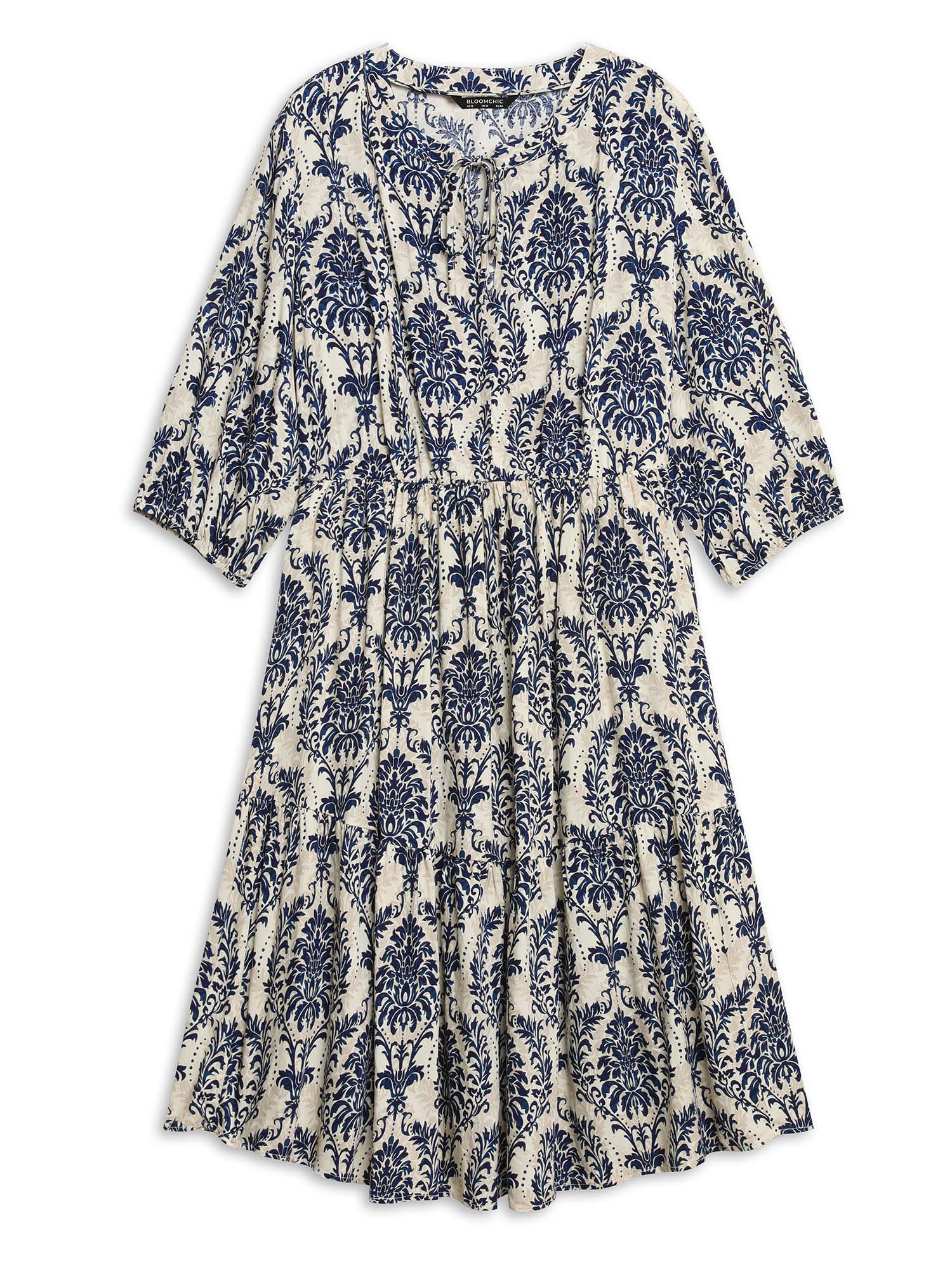 Plus Size Boho Print Tie Knot Puff Sleeve Dress DarkBlue Women Resort Tie knot V-neck Elbow-length sleeve Curvy BloomChic 14-16/1X 