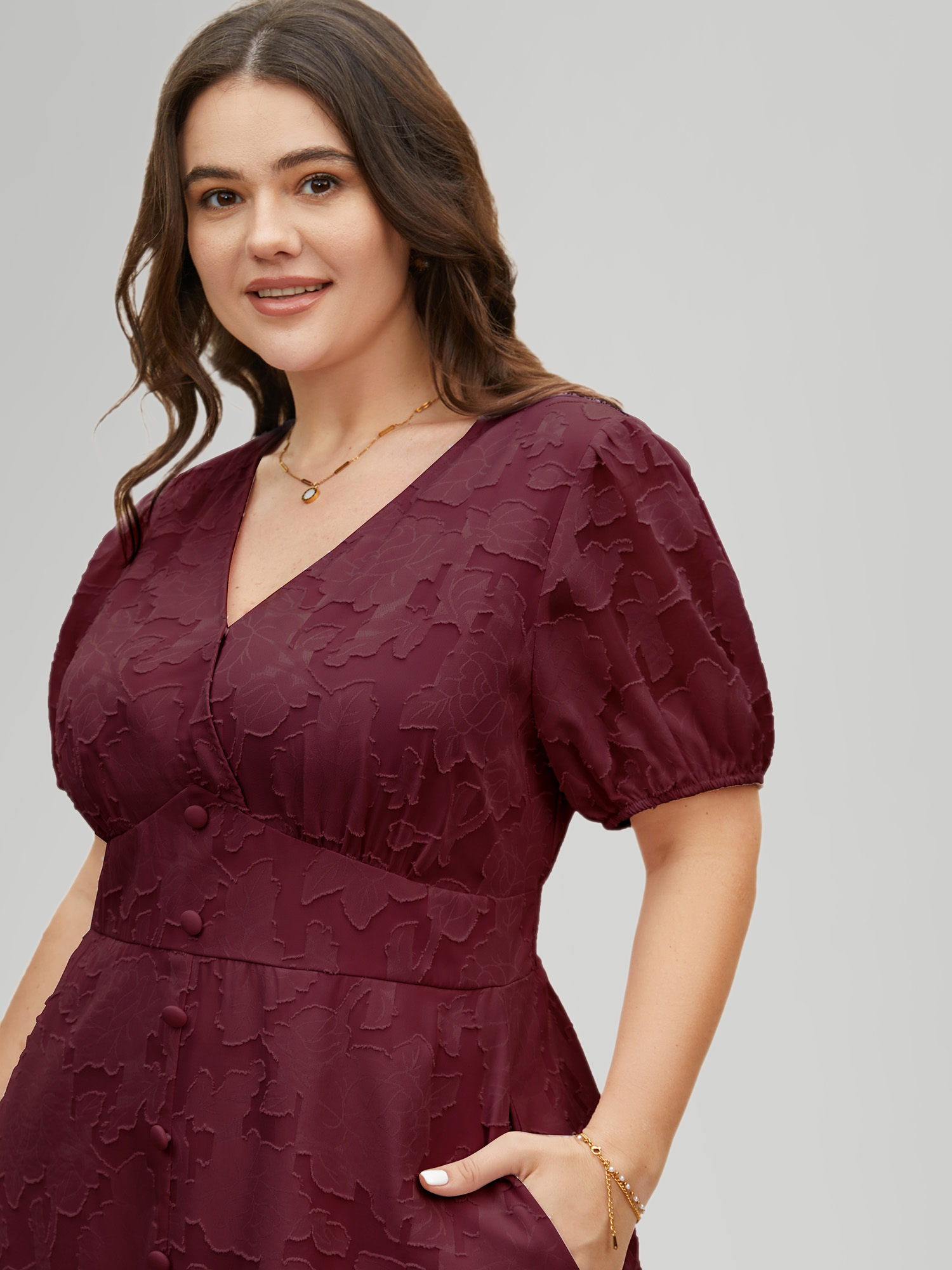 

Plus Size Solid Textured Lantern Sleeve Button Detail Dress Burgundy Women Elegant Button V-neck Short sleeve Curvy BloomChic